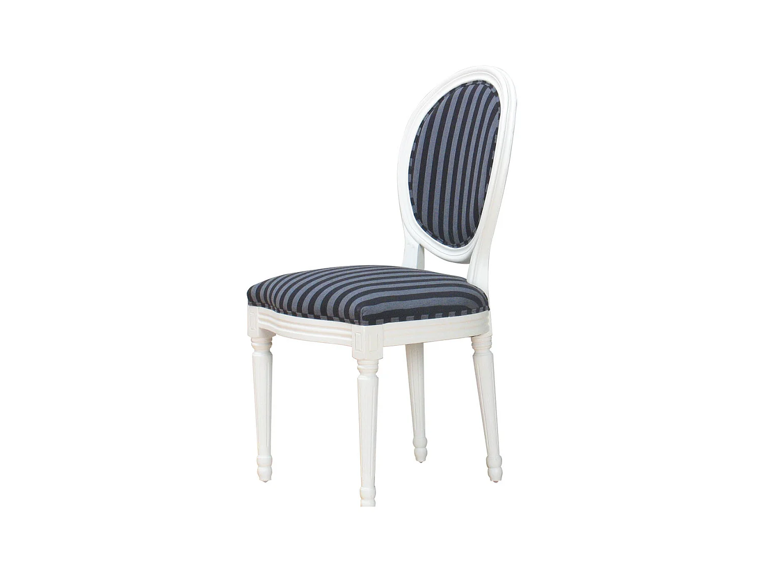 Rokoko/Amaretta Chaise de salle à manger, blanc antique, tissu à rayures noires.