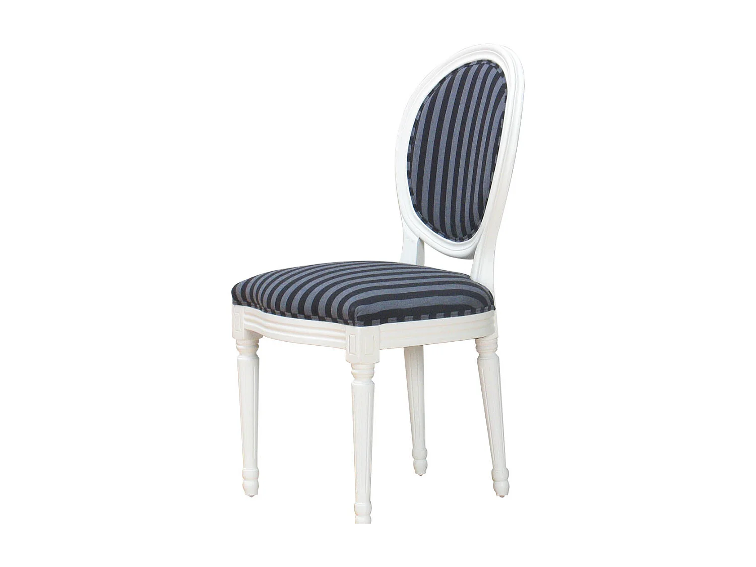 Rokoko/Amaretta Chaise de salle à manger, blanc antique, tissu à rayures noires.