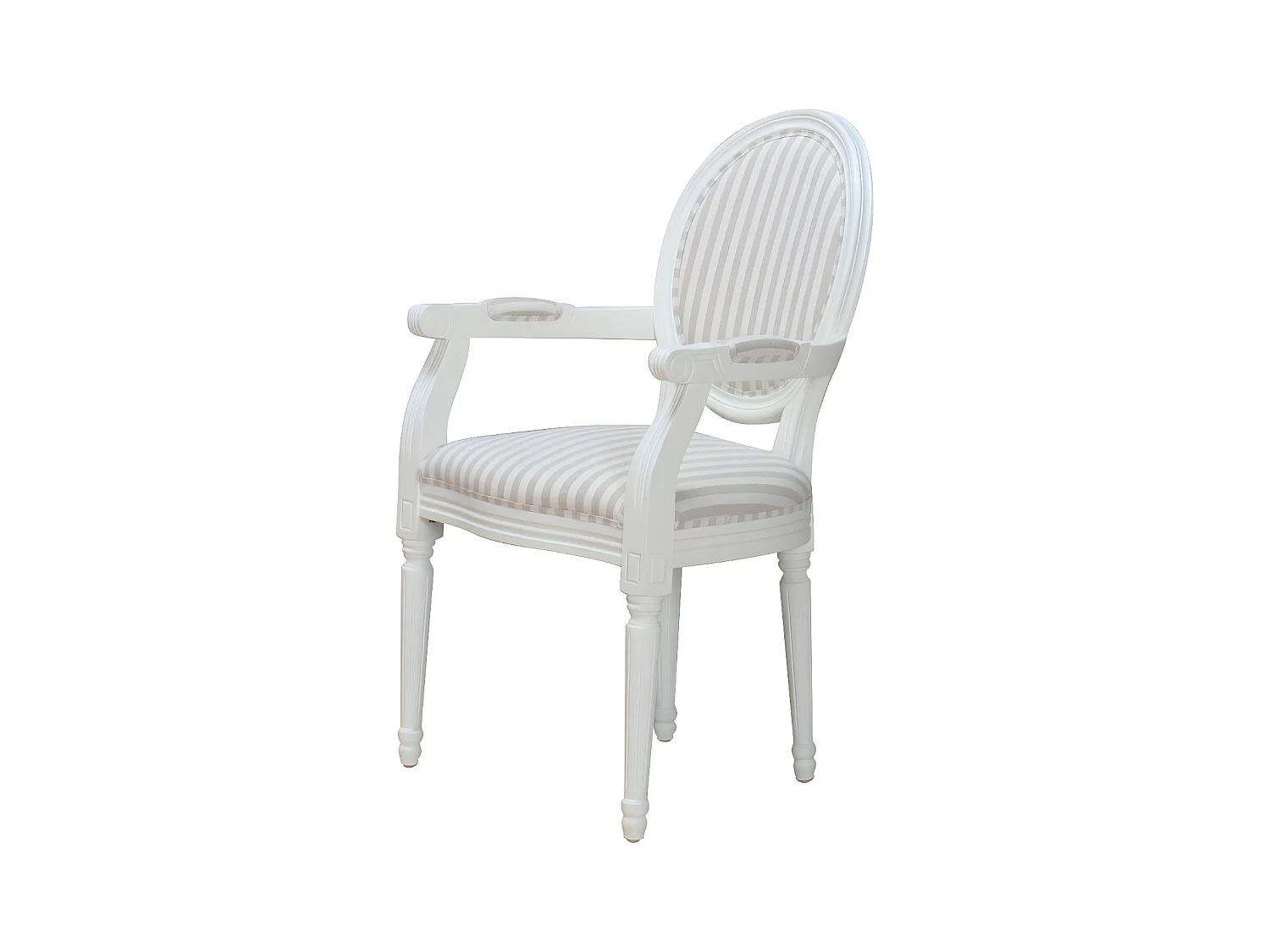 Rokoko/Amaretta Chaise de salle à manger avec accoudoirs, blanc antique, tissu Beige rayé.