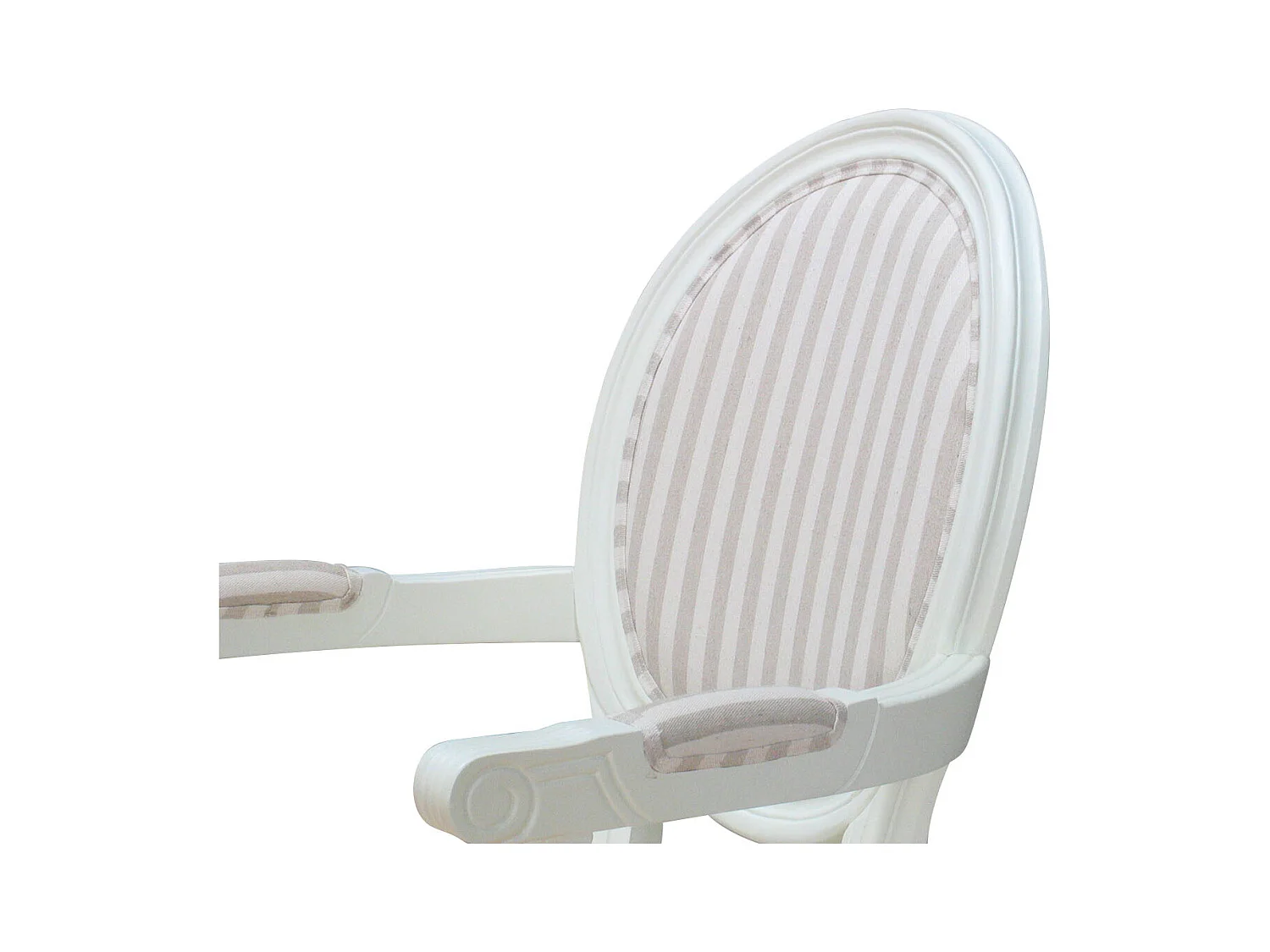 Rokoko/Amaretta Chaise de salle à manger avec accoudoirs, blanc antique, tissu Beige rayé.