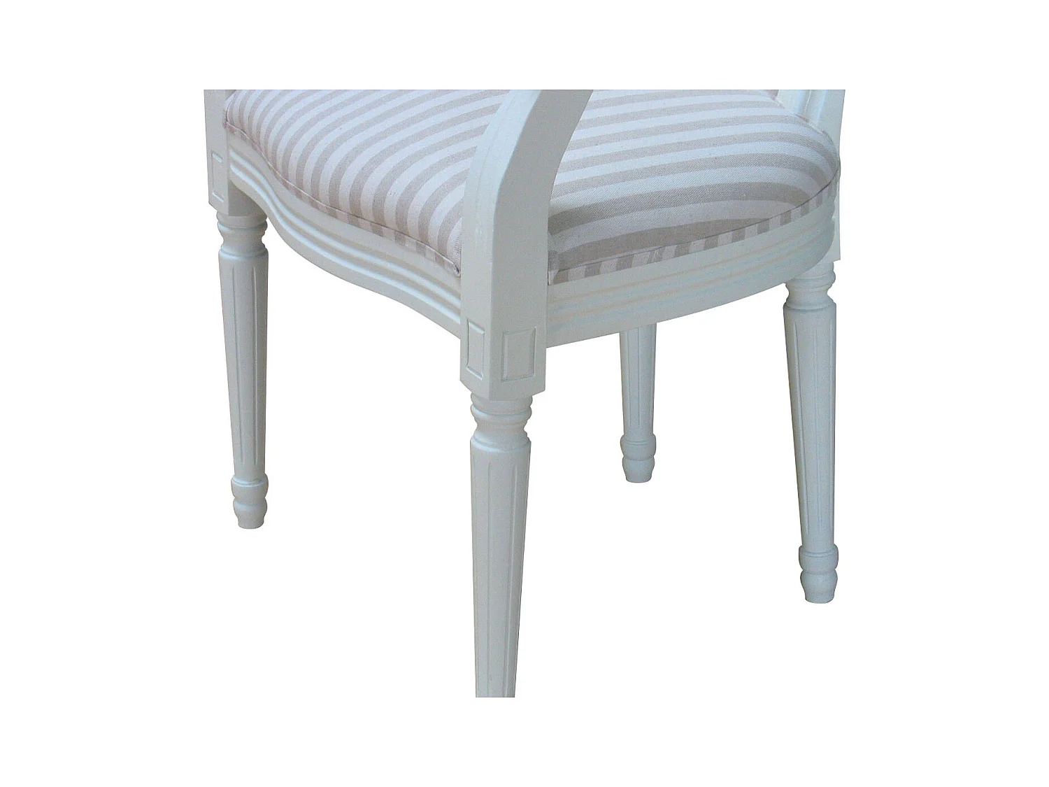 Rokoko/Amaretta Chaise de salle à manger avec accoudoirs, blanc antique, tissu Beige rayé.