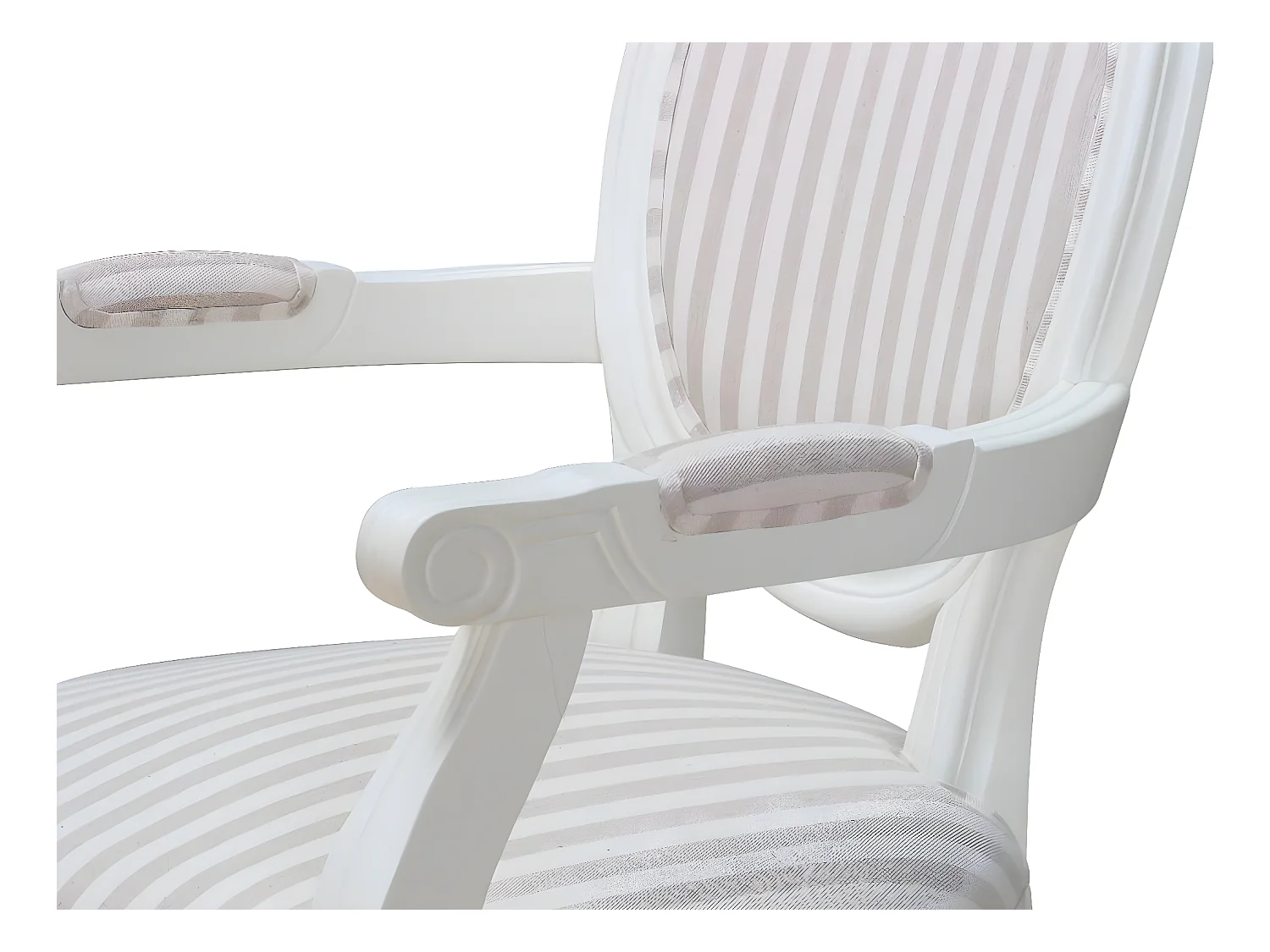 Rokoko/Amaretta Chaise de salle à manger avec accoudoirs, blanc antique, tissu Beige rayé.