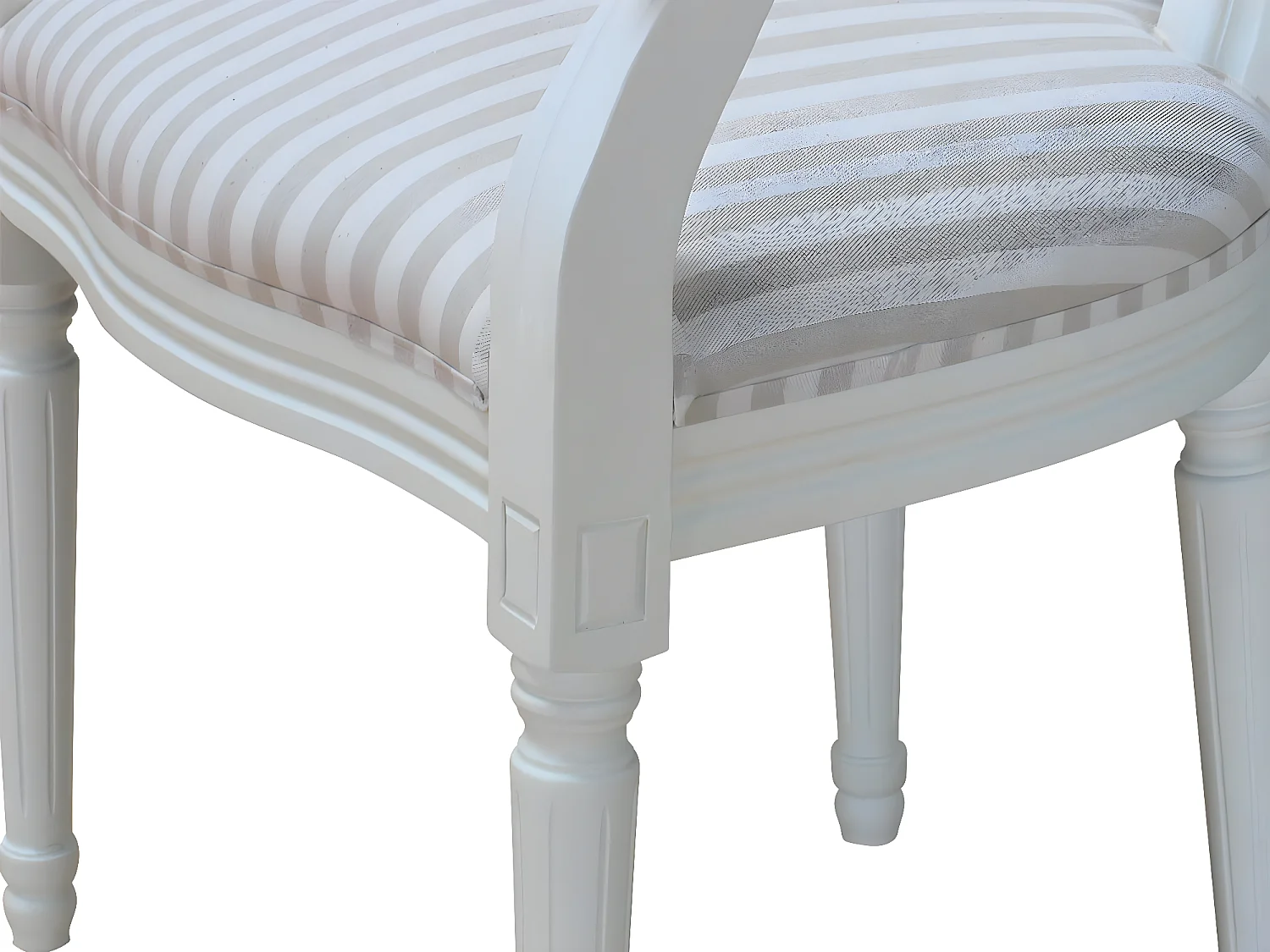 Rokoko/Amaretta Chaise de salle à manger avec accoudoirs, blanc antique, tissu Beige rayé.