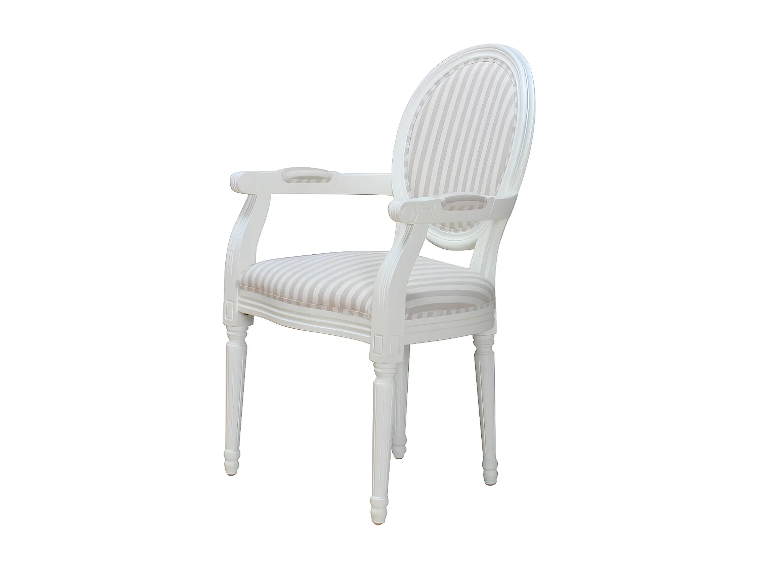 Rokoko/Amaretta Chaise de salle à manger avec accoudoirs, blanc antique, tissu Beige rayé.