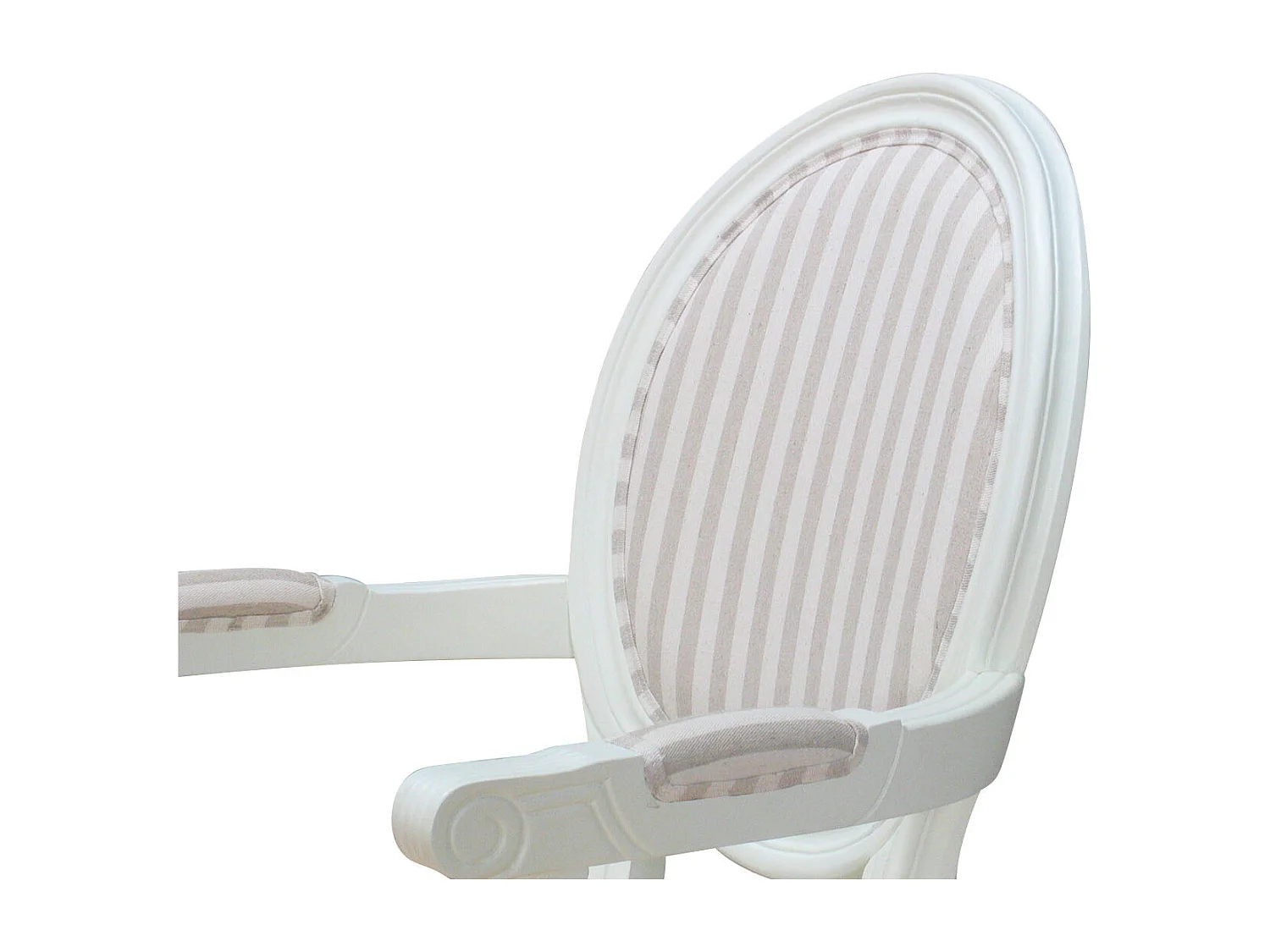 Rokoko/Amaretta Chaise de salle à manger avec accoudoirs, blanc antique, tissu Beige rayé.