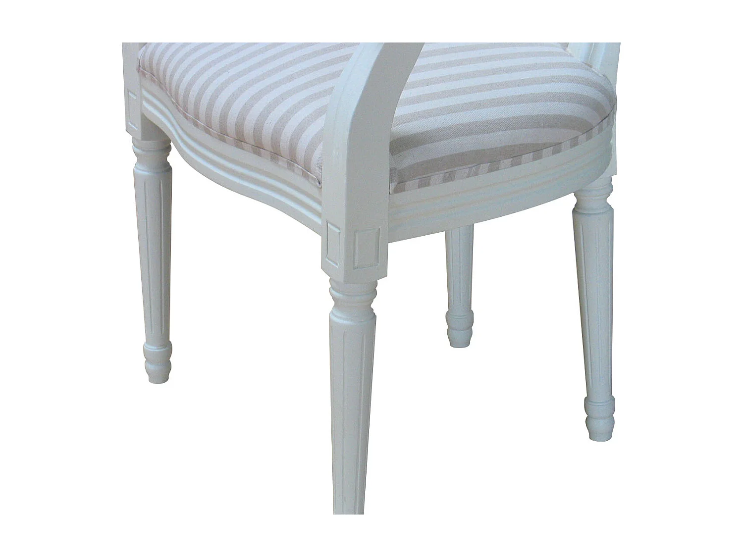 Rokoko/Amaretta Chaise de salle à manger avec accoudoirs, blanc antique, tissu Beige rayé.