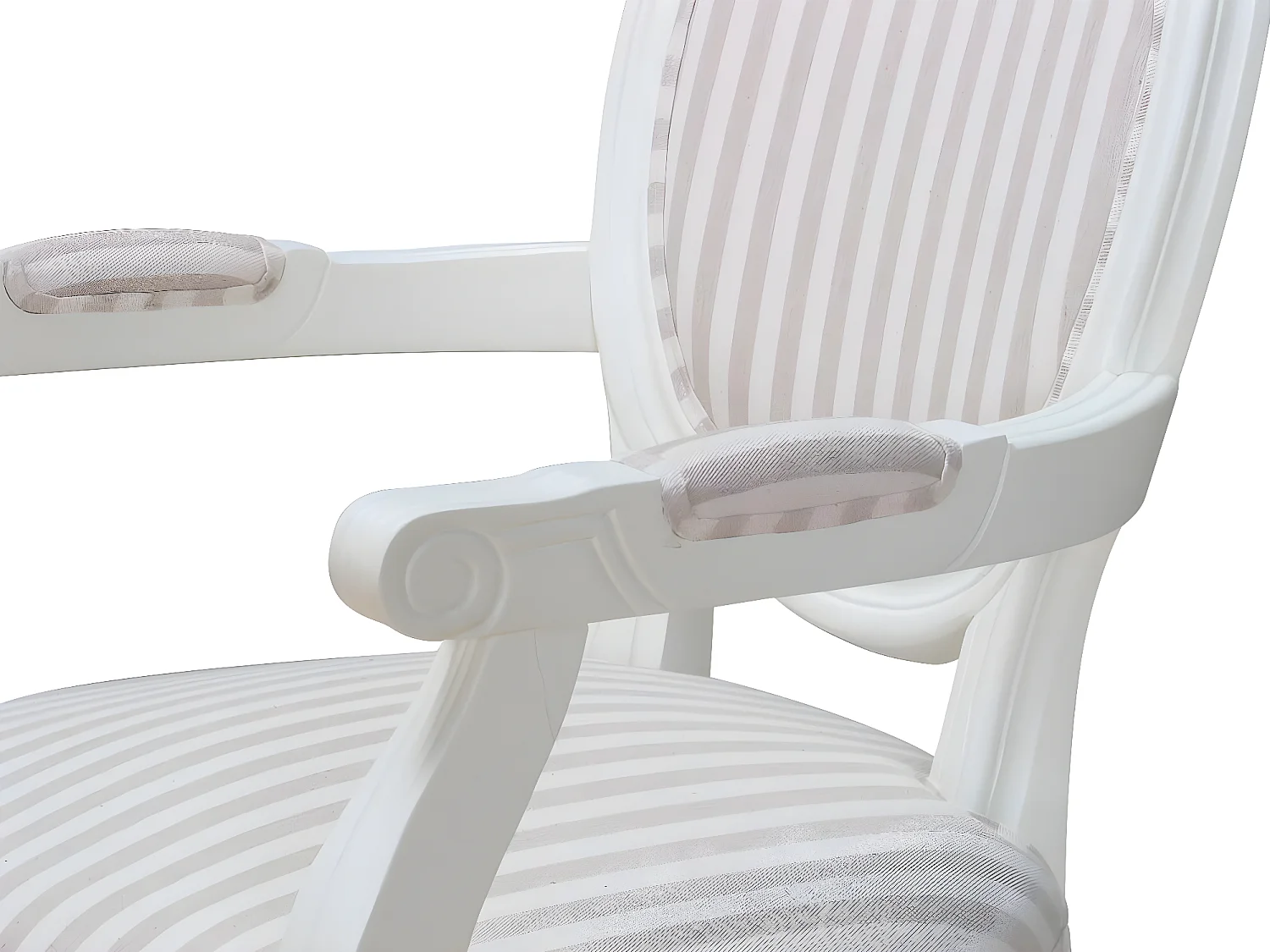 Rokoko/Amaretta Chaise de salle à manger avec accoudoirs, blanc antique, tissu Beige rayé.