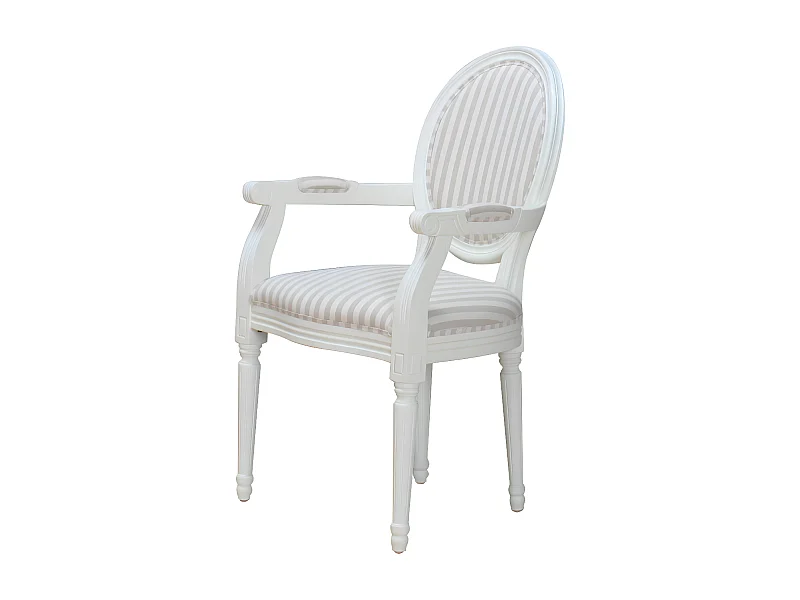 Rokoko/Amaretta Chaise de salle à manger avec accoudoirs, blanc antique, tissu Beige rayé.