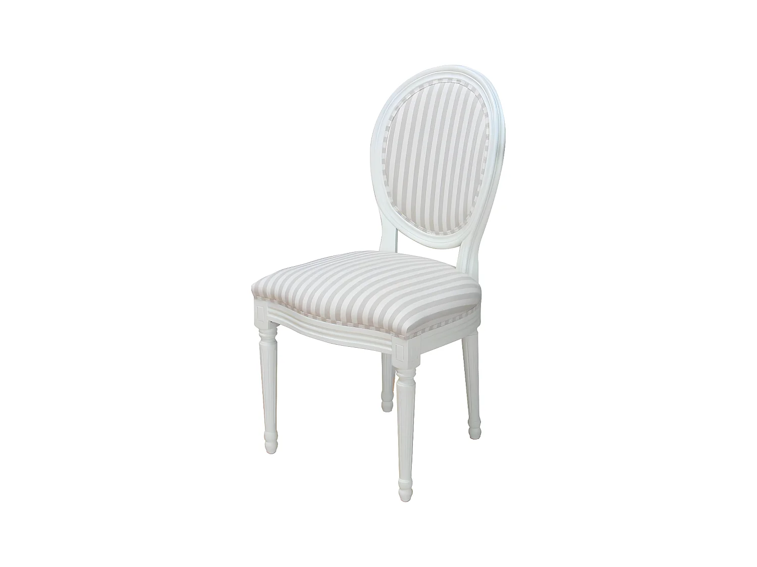 Rokoko/Amaretta Chaise de salle à manger, blanc antique, tissu Beige rayé.