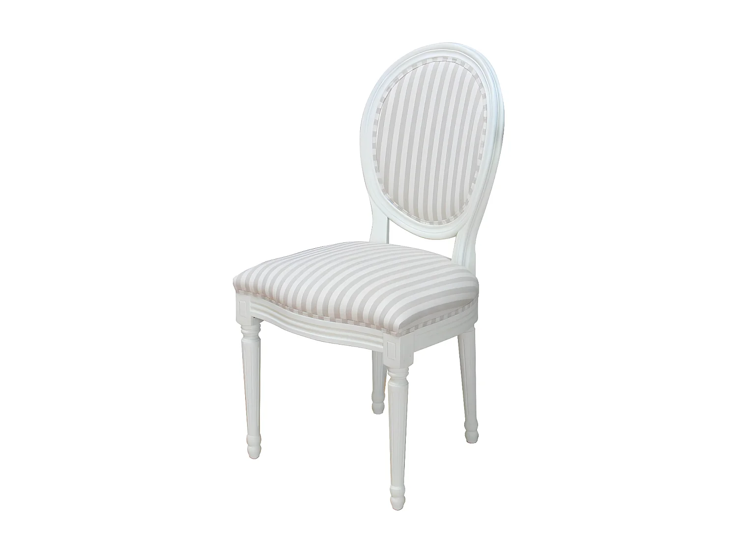 Rokoko/Amaretta Chaise de salle à manger, blanc antique, tissu Beige rayé.