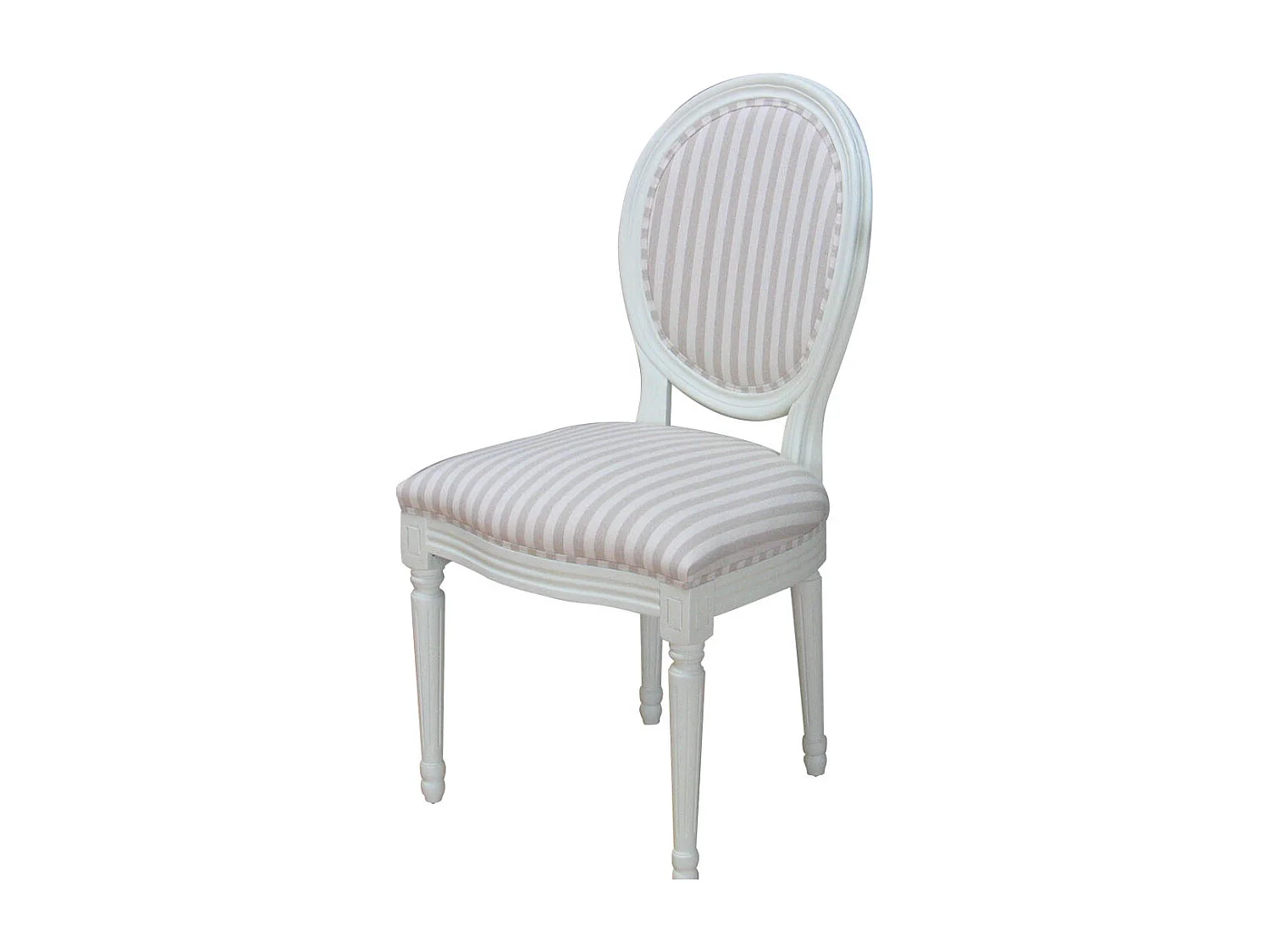 Rokoko/Amaretta Chaise de salle à manger, blanc antique, tissu Beige rayé.