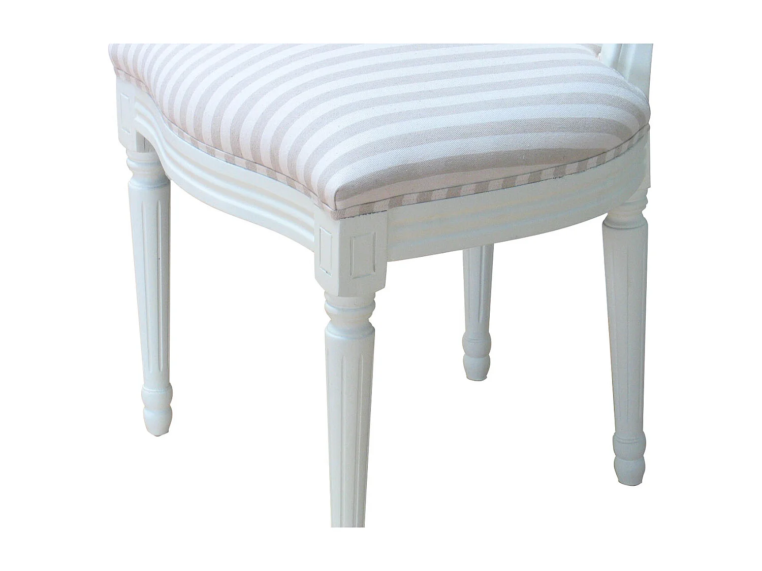 Rokoko/Amaretta Chaise de salle à manger, blanc antique, tissu Beige rayé.