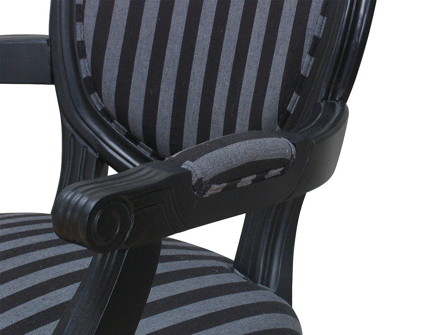 Rokoko/Amaretta Chaise de salle à manger avec accoudoirs noir antique, tissu noir rayé.