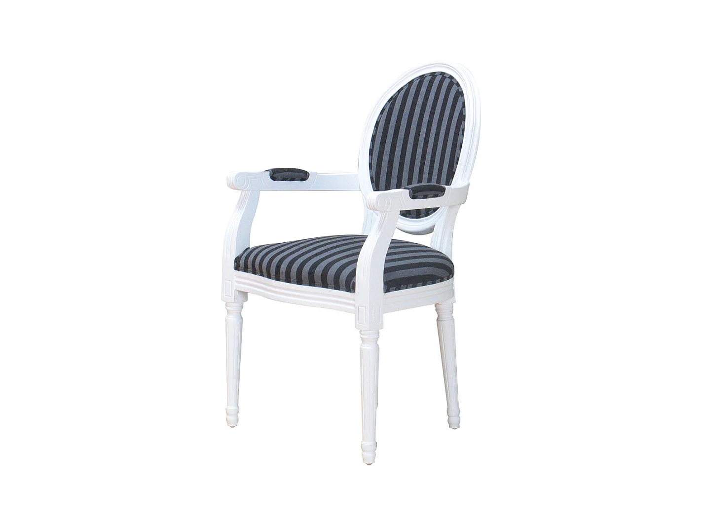 Witte stoel met armleuning Rococo met zwart gestreepte bekleding.