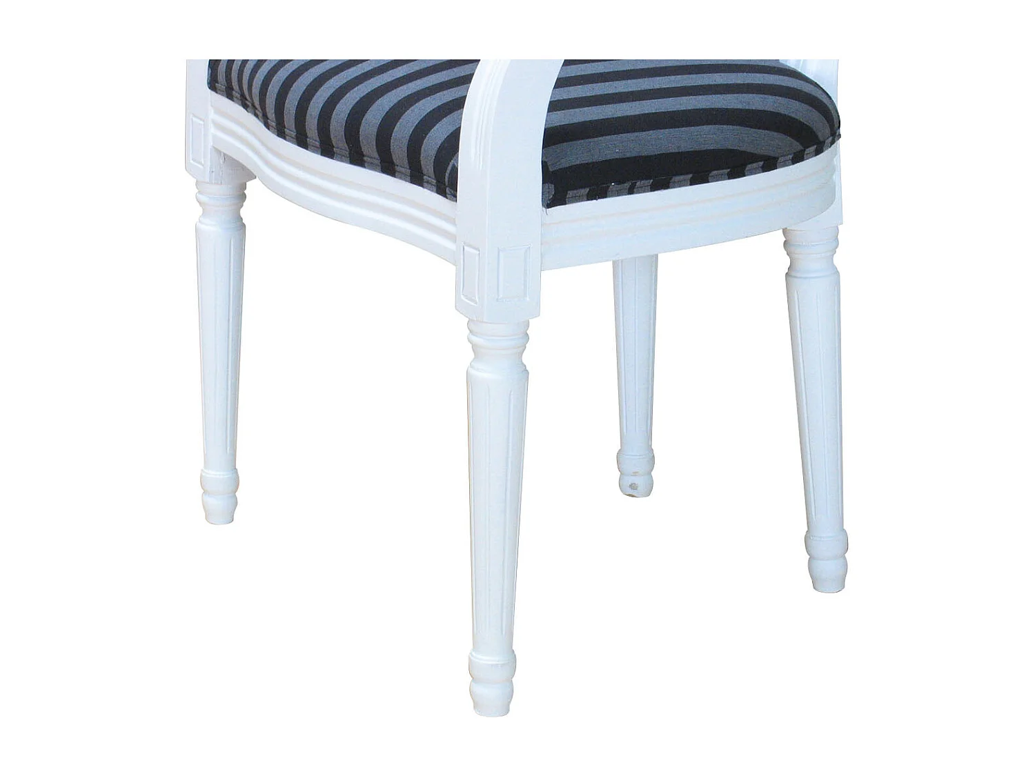 Rokoko Chaise de salle à manger blanche avec accoudoirs et tissu noir rayé.