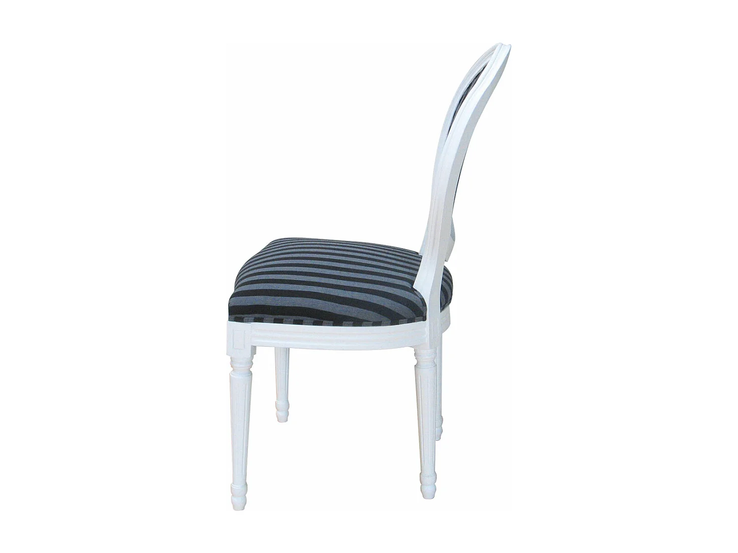 Rokoko chaise de salle à manger blanche avec tissu à rayures noires.