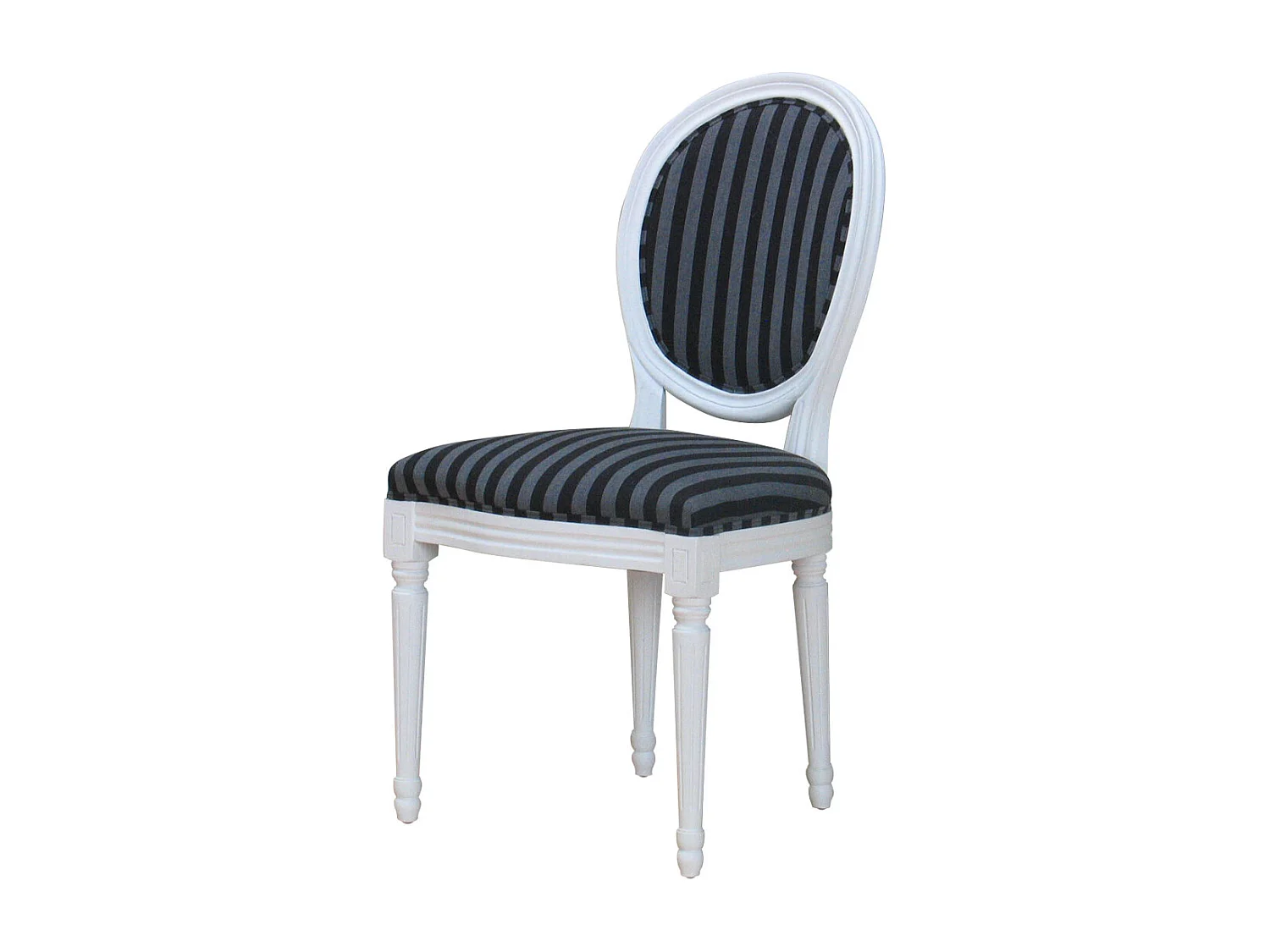 Rokoko chaise de salle à manger blanche avec tissu à rayures noires.