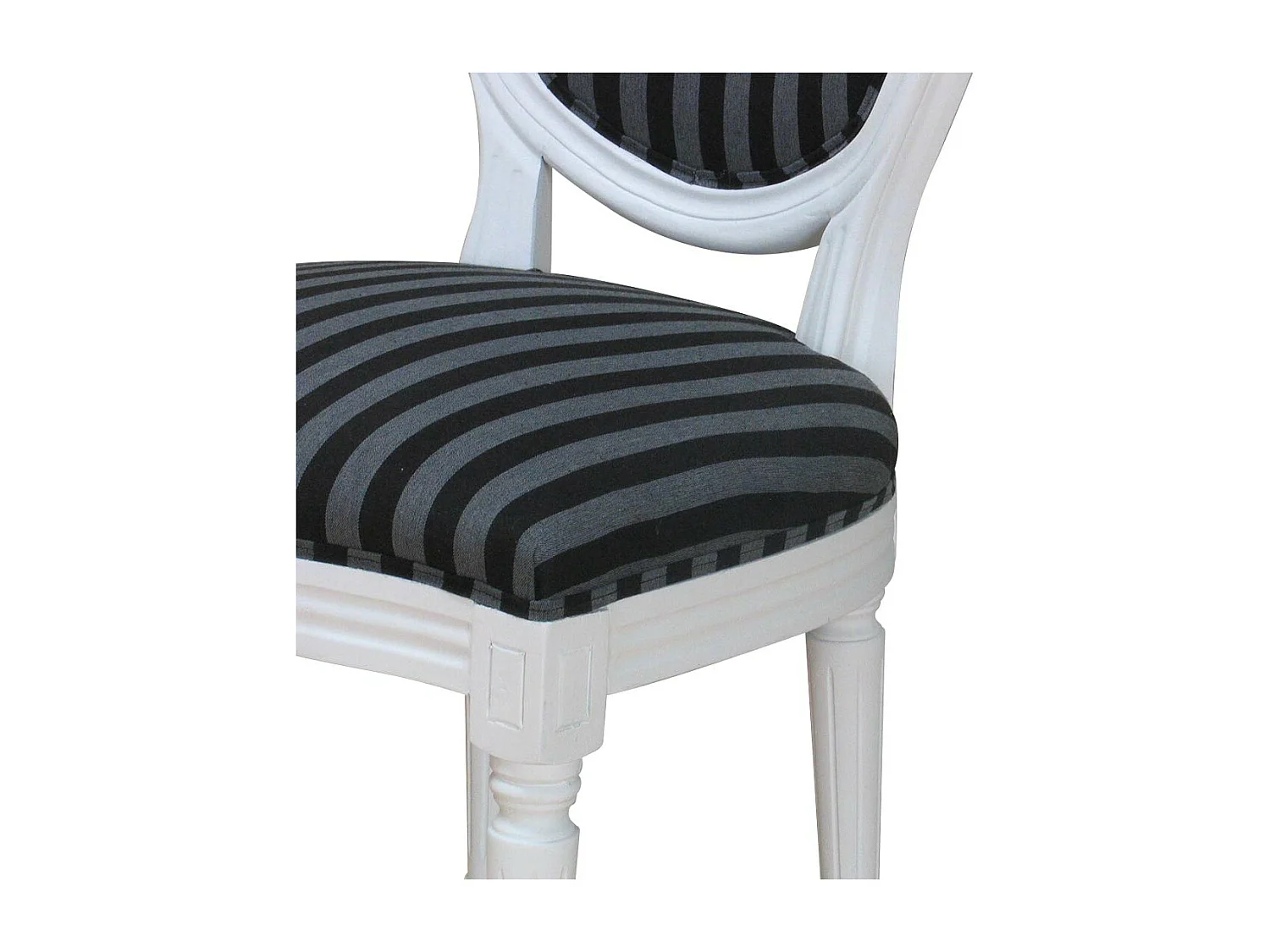 Rokoko chaise de salle à manger blanche avec tissu à rayures noires.