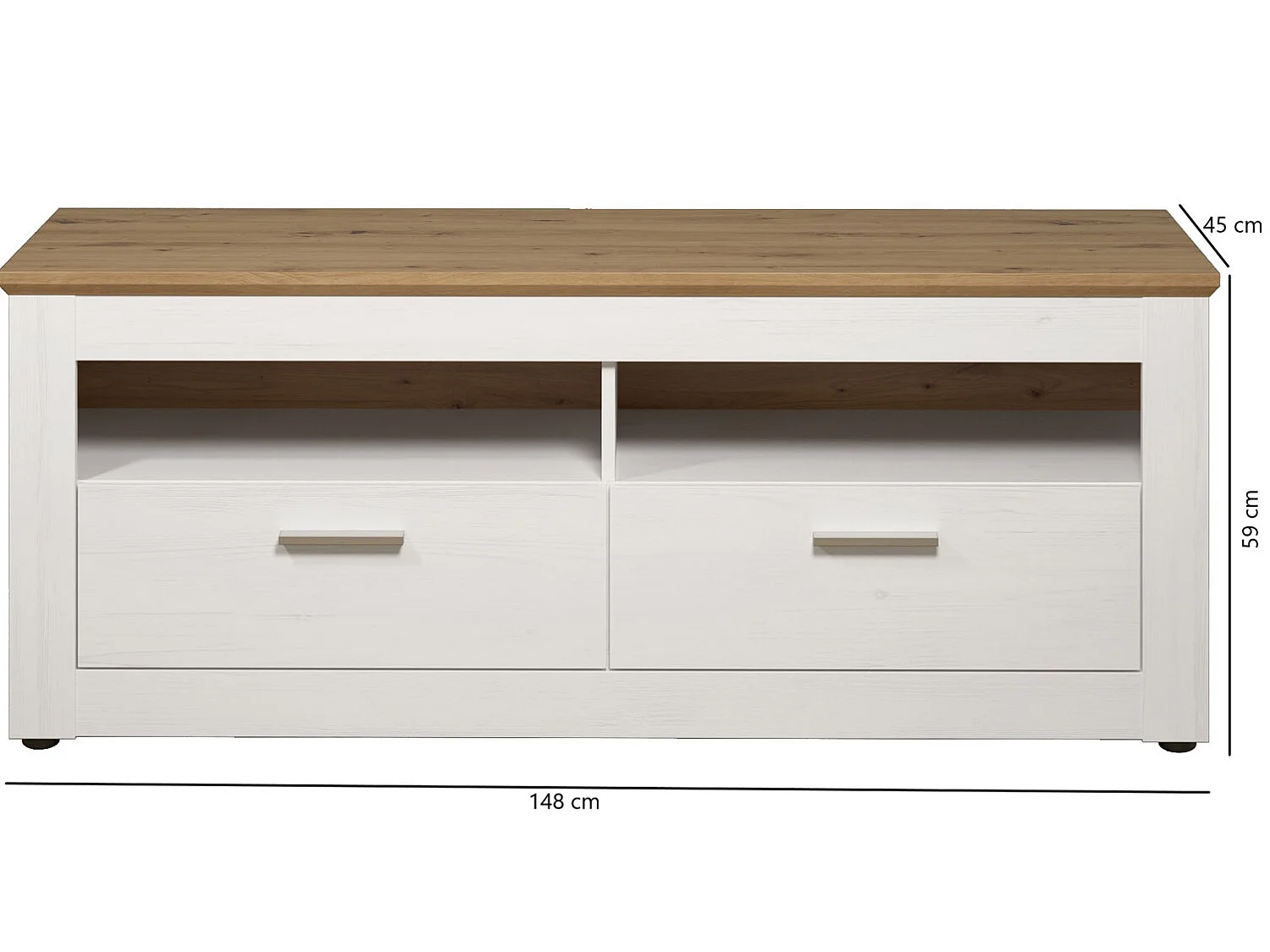 Shade TV-meubel 2 lades, 2 open vakken wit dennenhout decor, eiken decor.