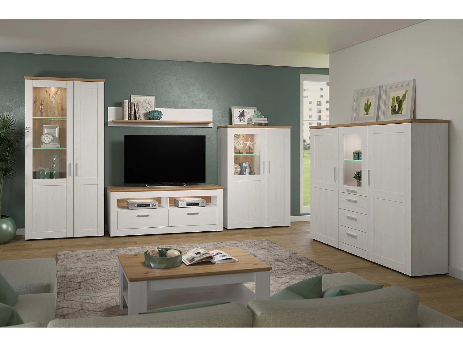 Shade TV-meubel 2 lades, 2 open vakken wit dennenhout decor, eiken decor.