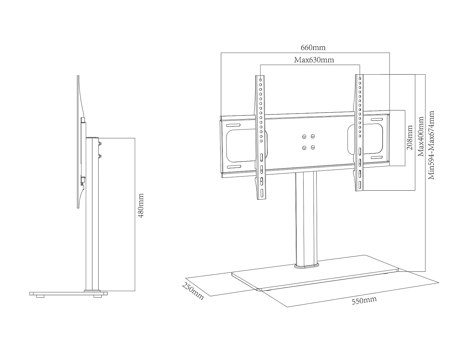 TV stand feet B-TTS-600 Black H. 67 x W. 66 x D. 25 cm
