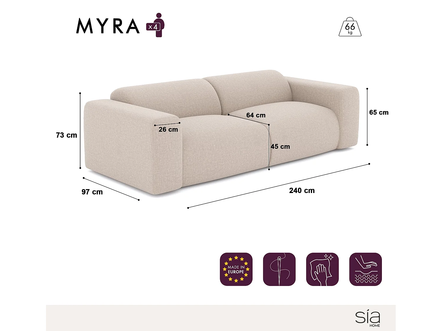 Canapé MYRA 4 places en velours texturé gris