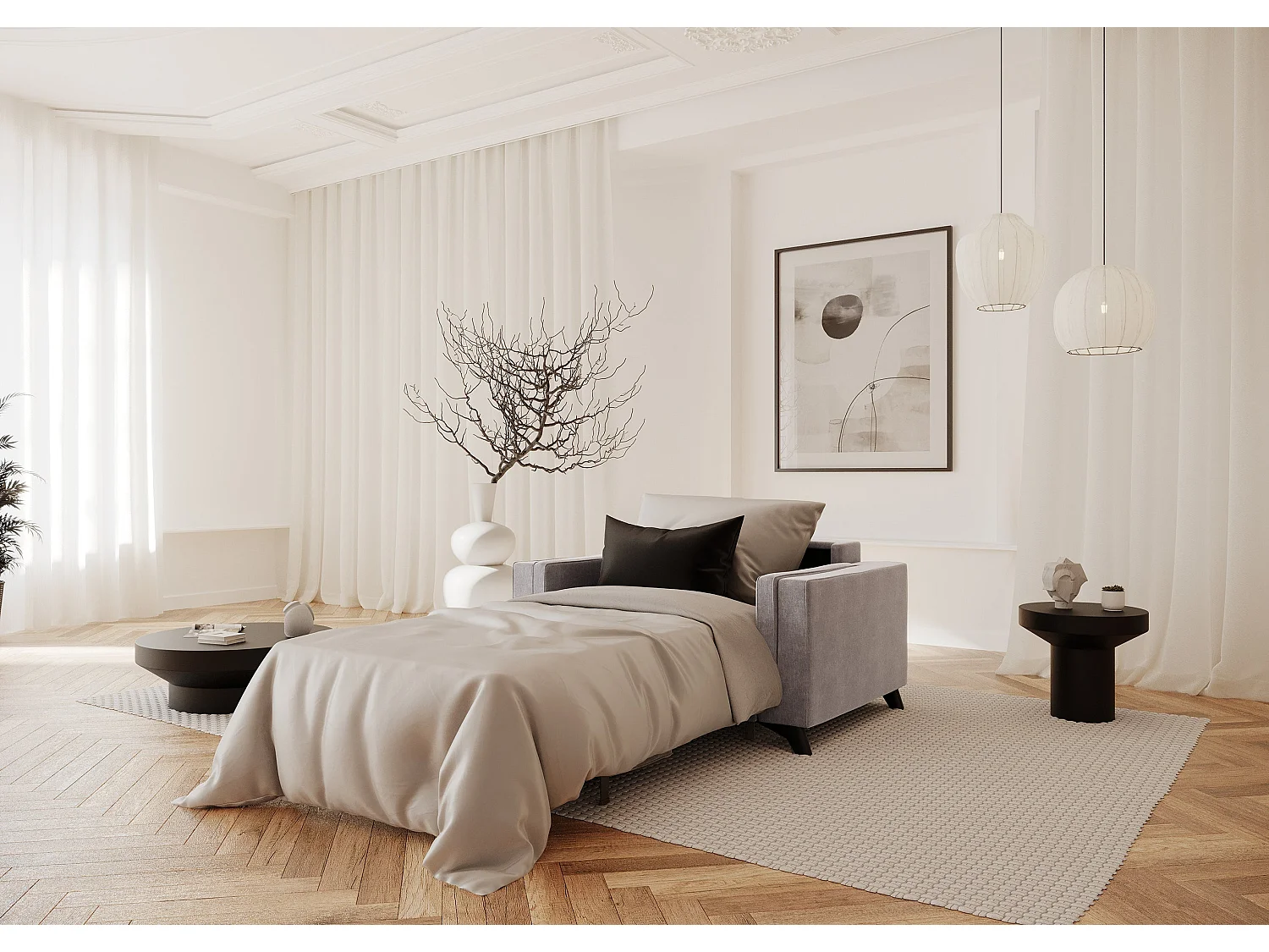 Love seat convertible matelas velours gris clair 80cm