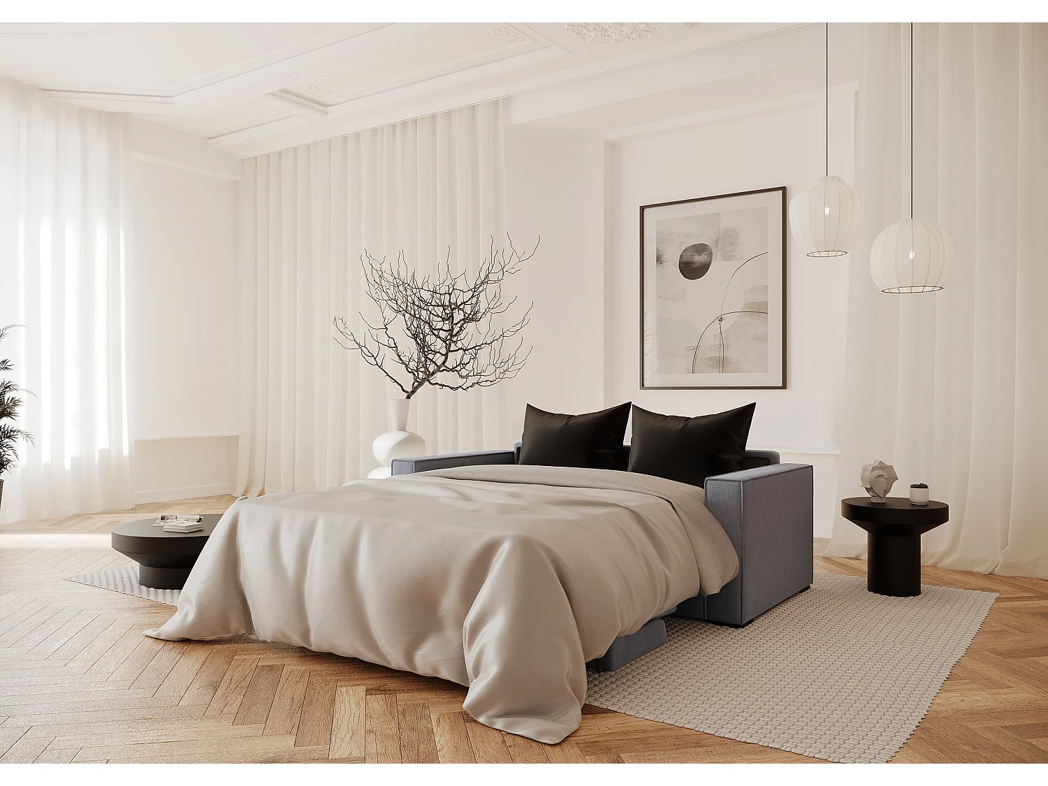 Canapé convertible matelas tissu tramé gris clair 160cm