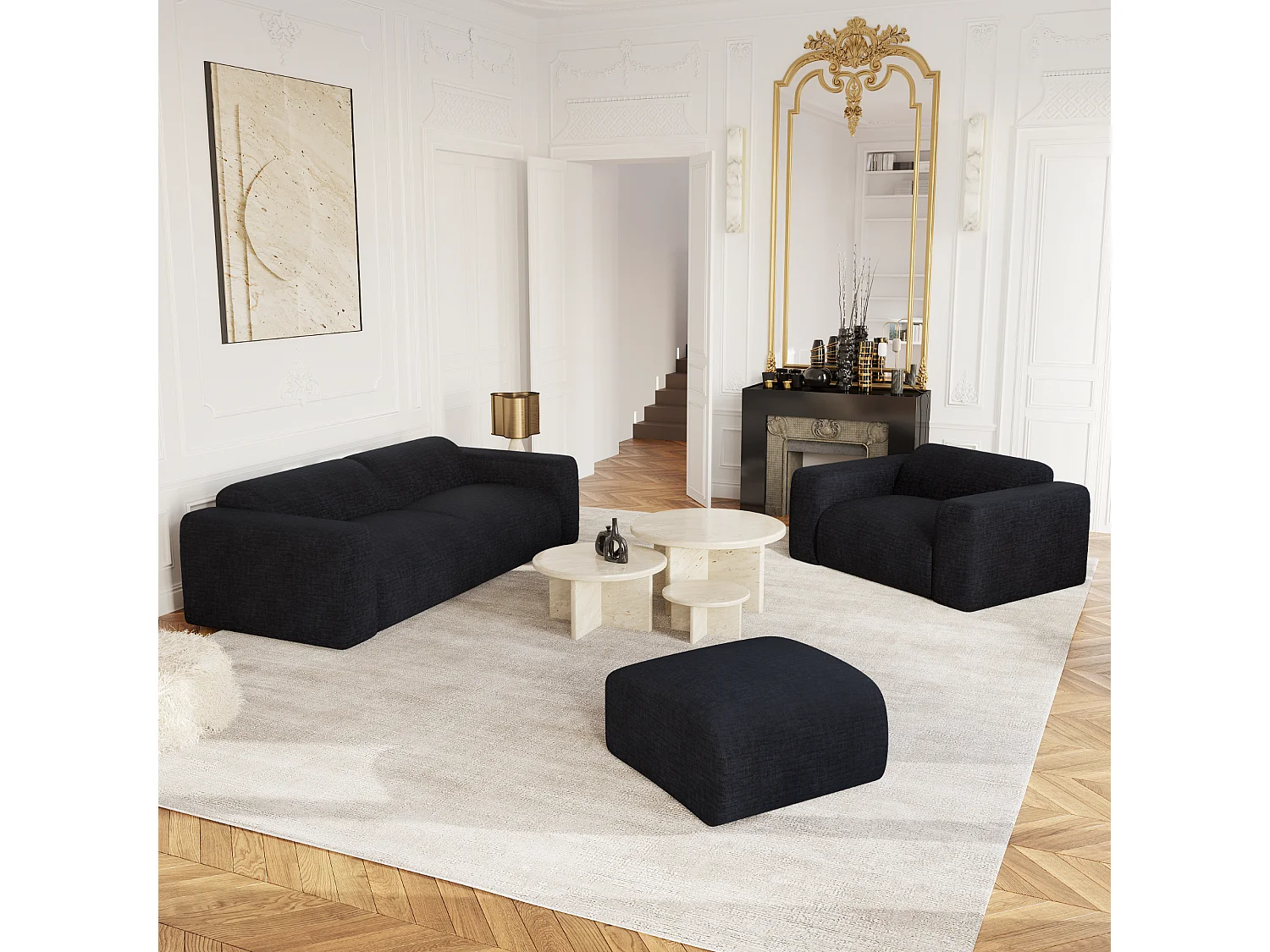 Canapé 4 places MYRA en velours texturé anthracite foncé