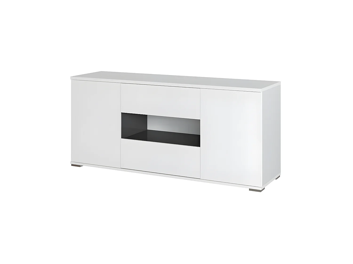 STAR Meuble TV 2 portes 2 tiroirs - Blanc brillant et gris - L 150 x P 42 x H 67cm