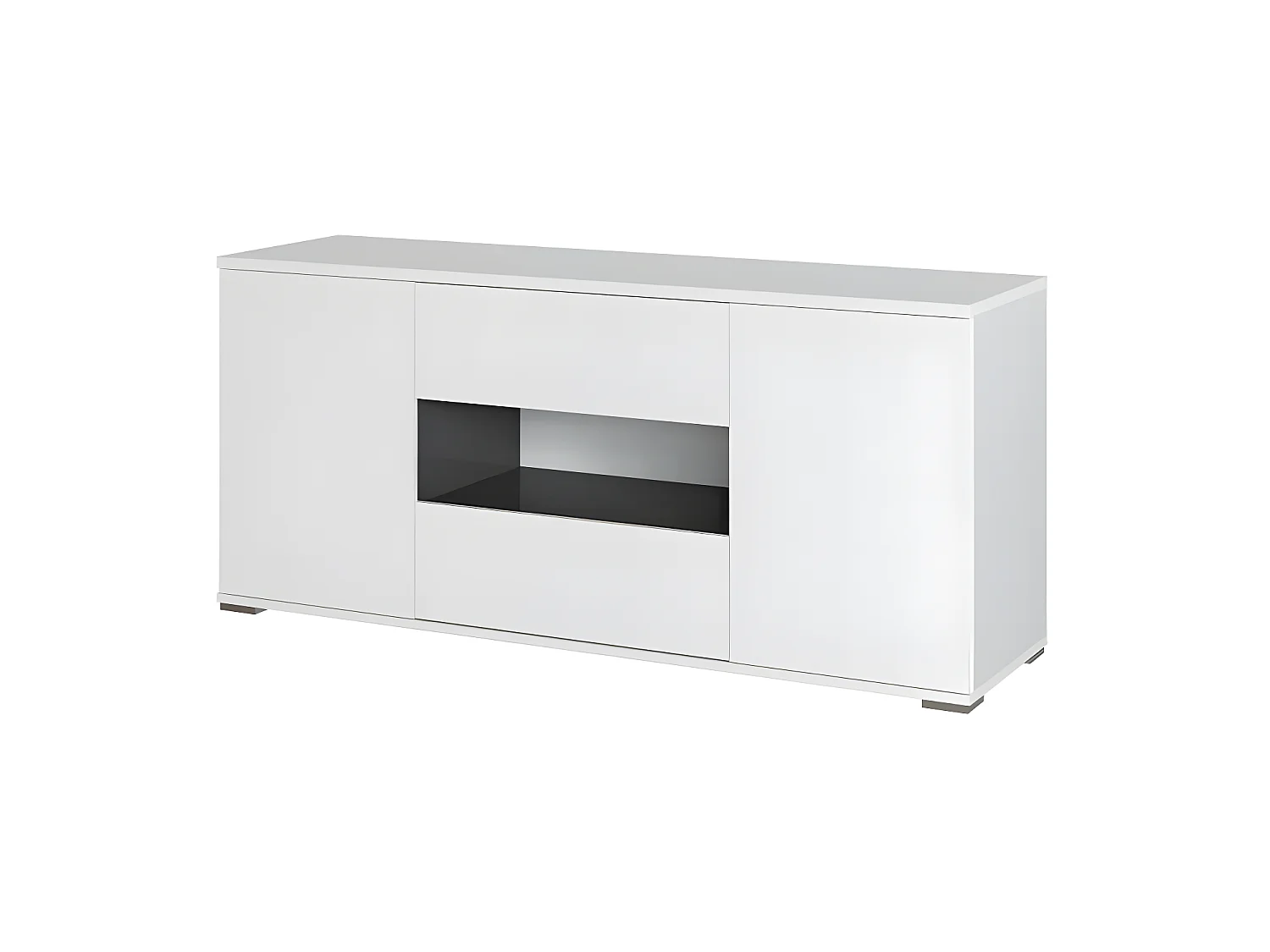 STAR Meuble TV 2 portes 2 tiroirs - Blanc brillant et gris - L 150 x P 42 x H 67cm