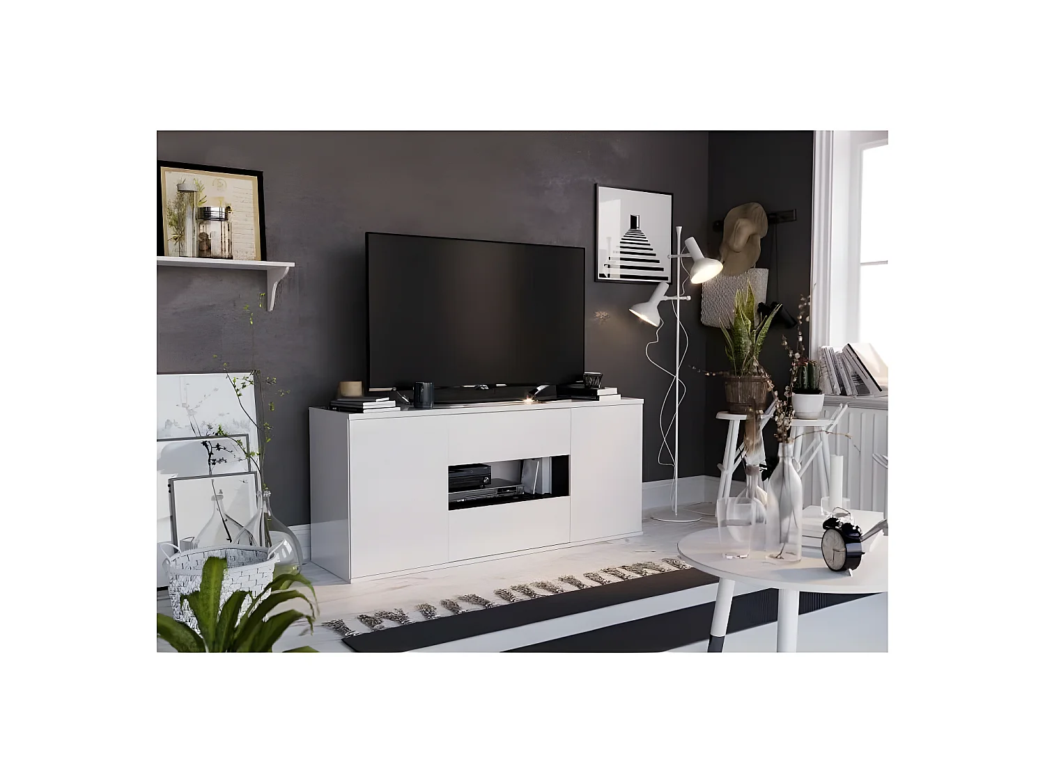 STAR Meuble TV 2 portes 2 tiroirs - Blanc brillant et gris - L 150 x P 42 x H 67cm