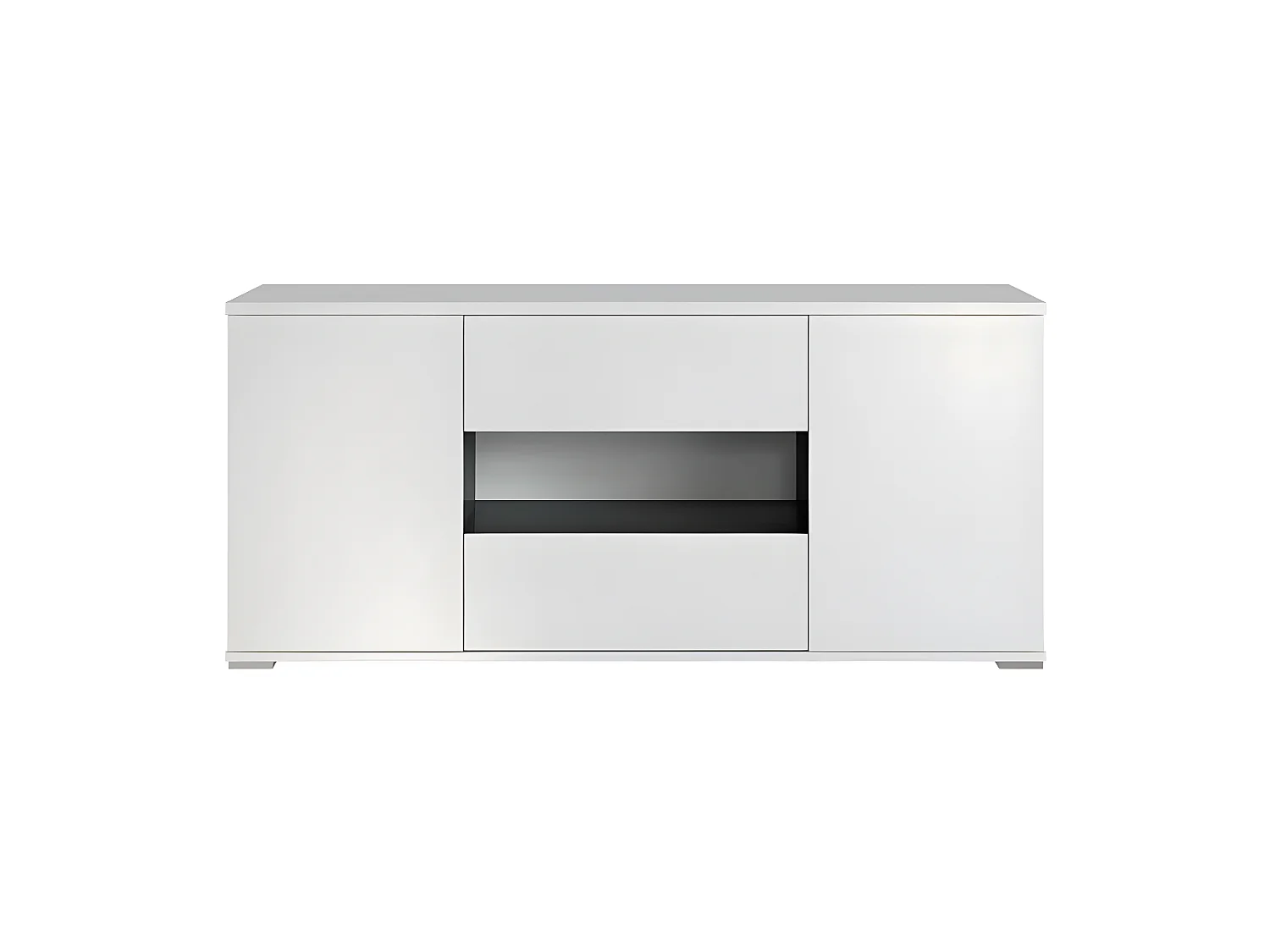STAR Meuble TV 2 portes 2 tiroirs - Blanc brillant et gris - L 150 x P 42 x H 67cm