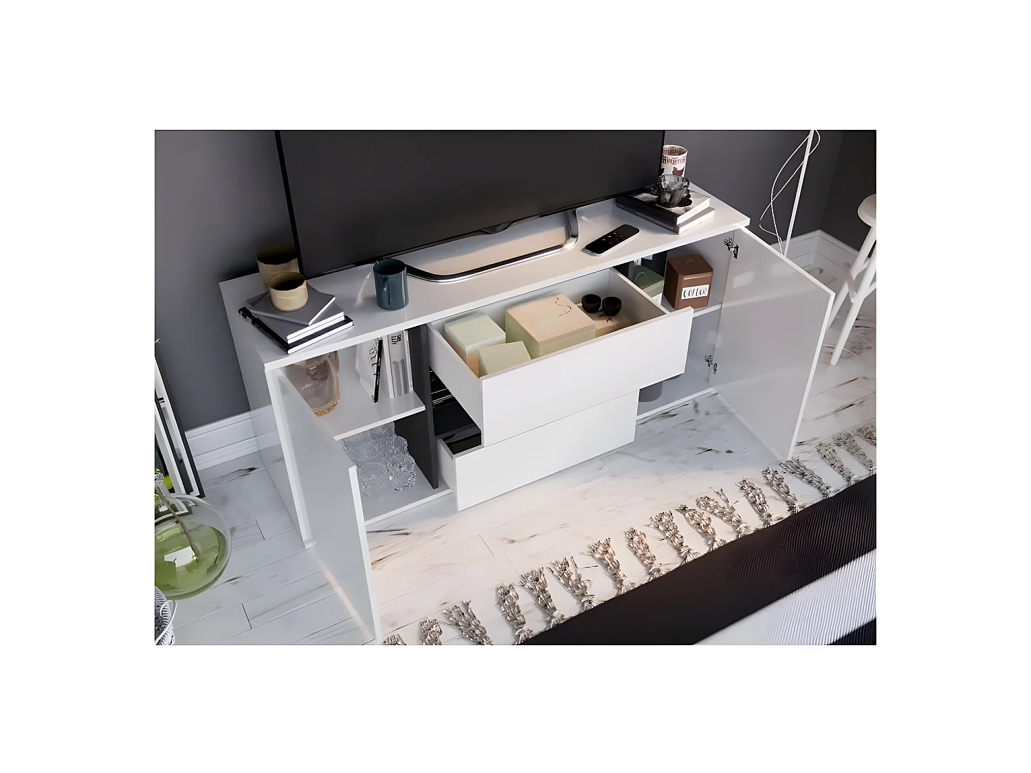 STAR Meuble TV 2 portes 2 tiroirs - Blanc brillant et gris - L 150 x P 42 x H 67cm