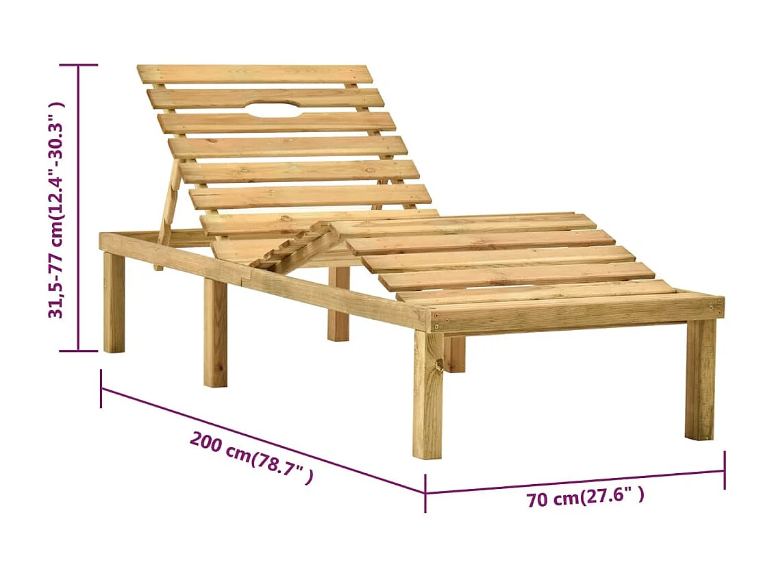 Tumbona tumbona para tomar el sol cama de jardín terraza 200 x 70 x (31,5-77) cm muebles de exterior con mesa de madera de pino impregnada 02_0012605