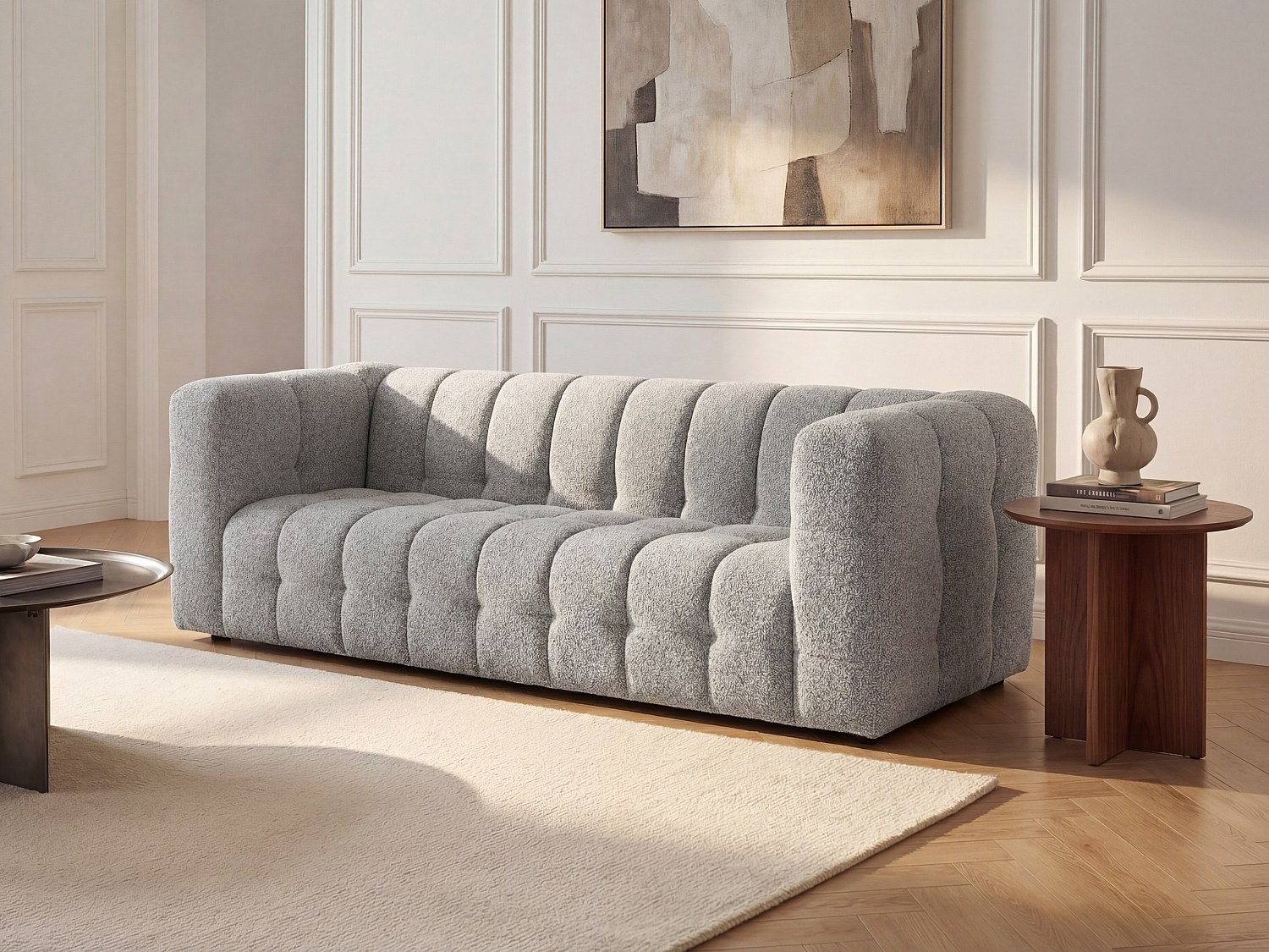 Sofa 3-Sitzer - Bouclé-Stoff - Hellgrau - LERICI von Pascal Morabito günstig online kaufen