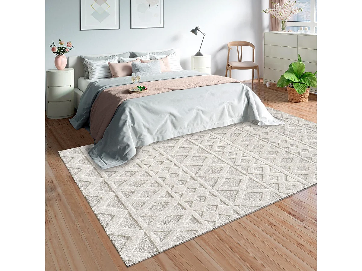 tapis chambre 120x170 tissé crème rectangle motif simple LYN9 CERLOS