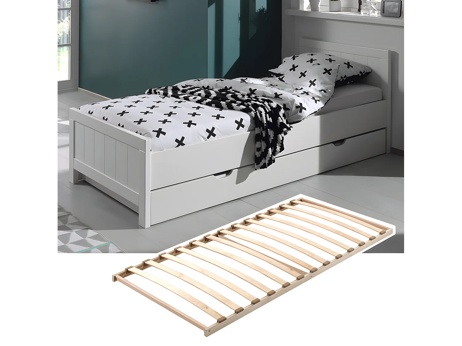 GASTON - Lit 90x200cm avec Tiroir de Lit et Sommier