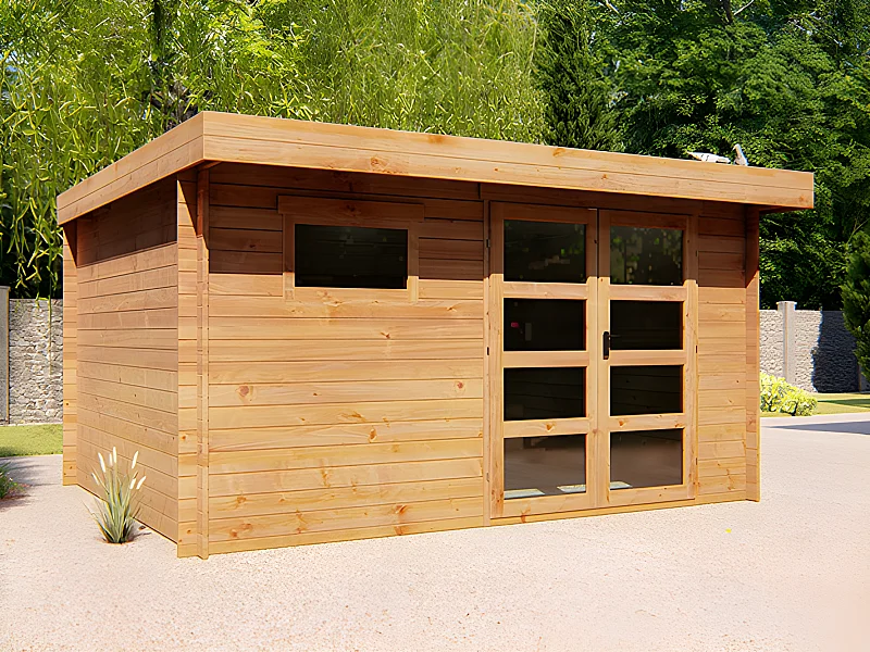 Abri de jardin en bois traité par autoclave avec toit plat - 13 m² - épaisseur 28 mm - CORALIO
