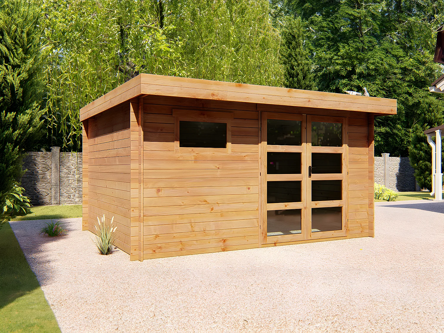 Abri de jardin en bois traité par autoclave avec toit plat - 13 m² - épaisseur 28 mm - CORALIO