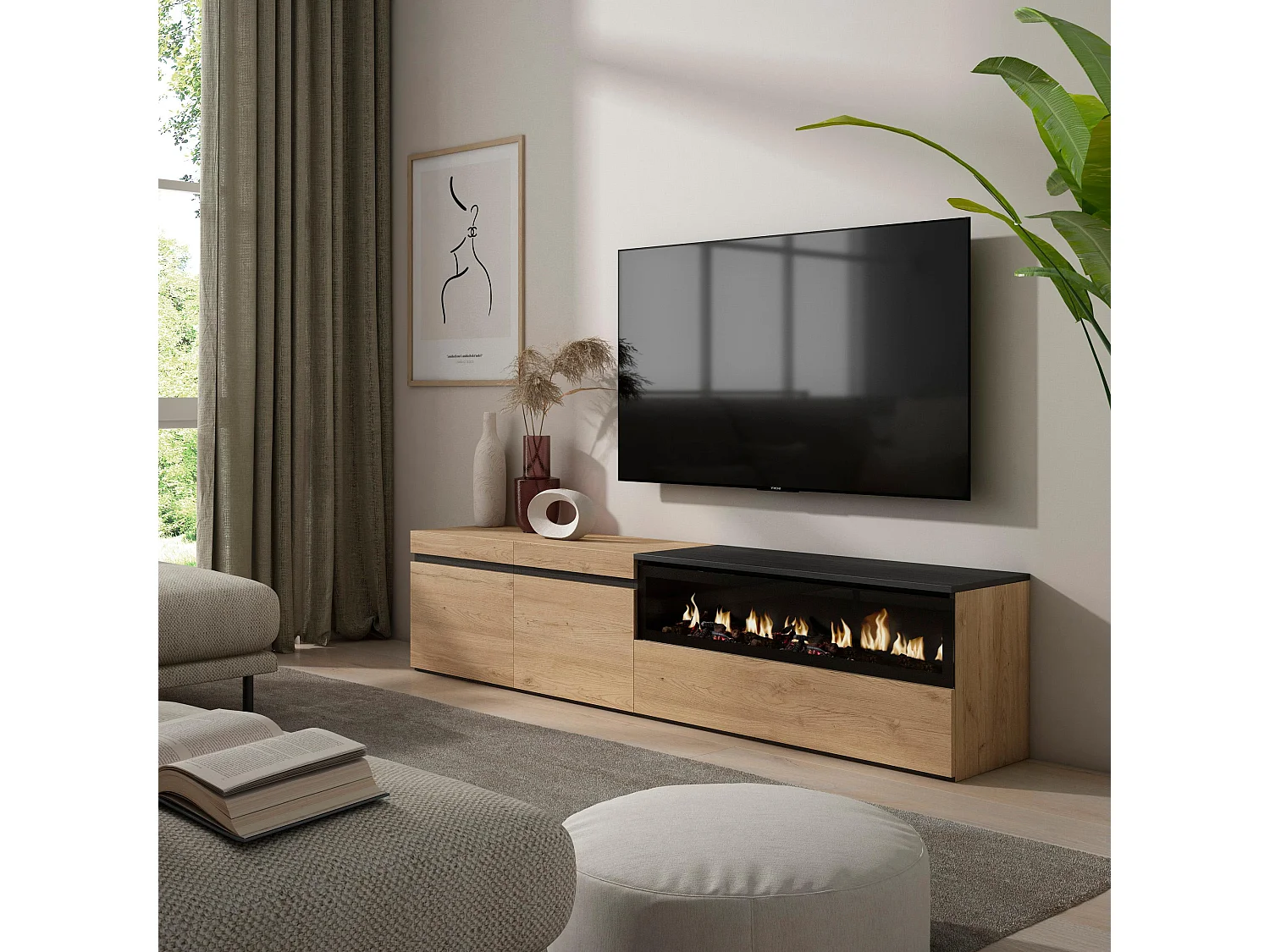 Móvel de TV, 200x35x45cm, Para televisores até 80", Lareira eléctrica, Carvahlo e preto