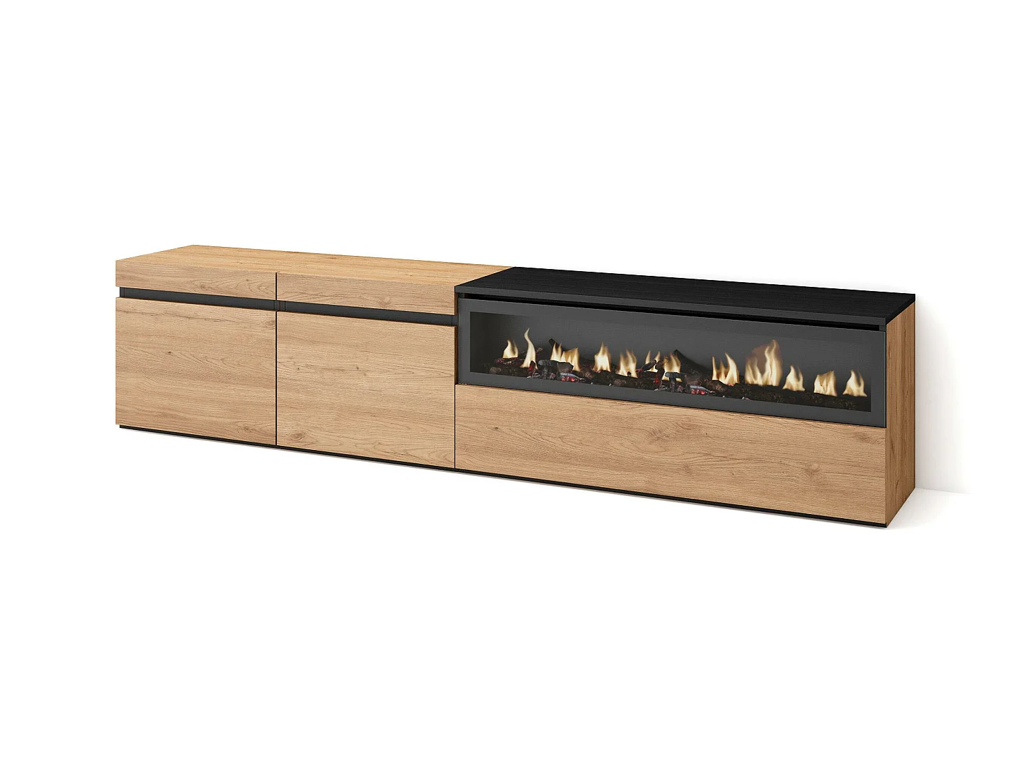 Meuble TV, Banc Télé, 200x35x45cm, Pour les TV jusqu'à 80", Cheminée électrique, Chêne et noir