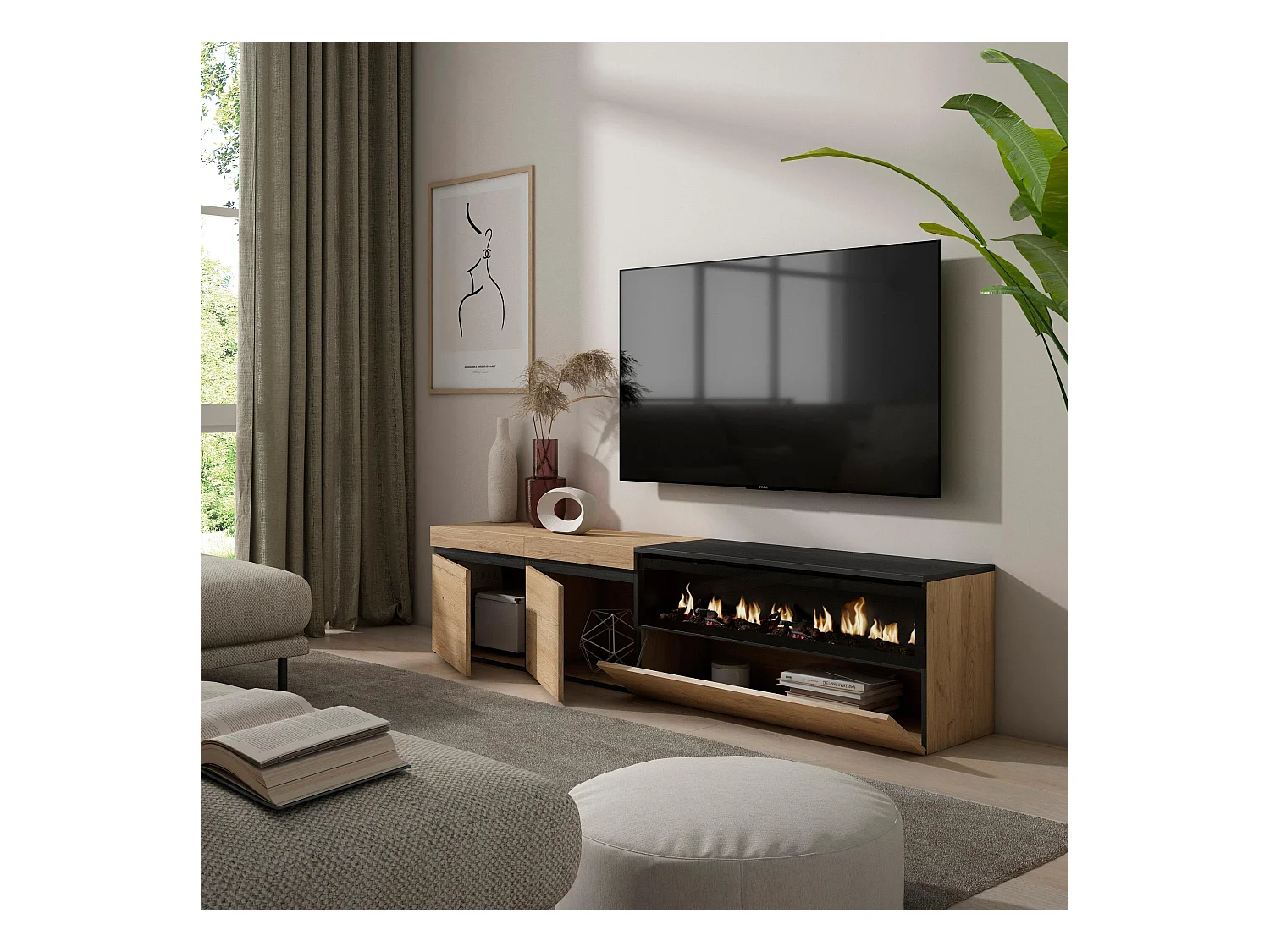 TV-Meubel, Lowboard, 200x35x45cm, Voor tv's tot 80", Elektrische haard, Eiken/Zwart