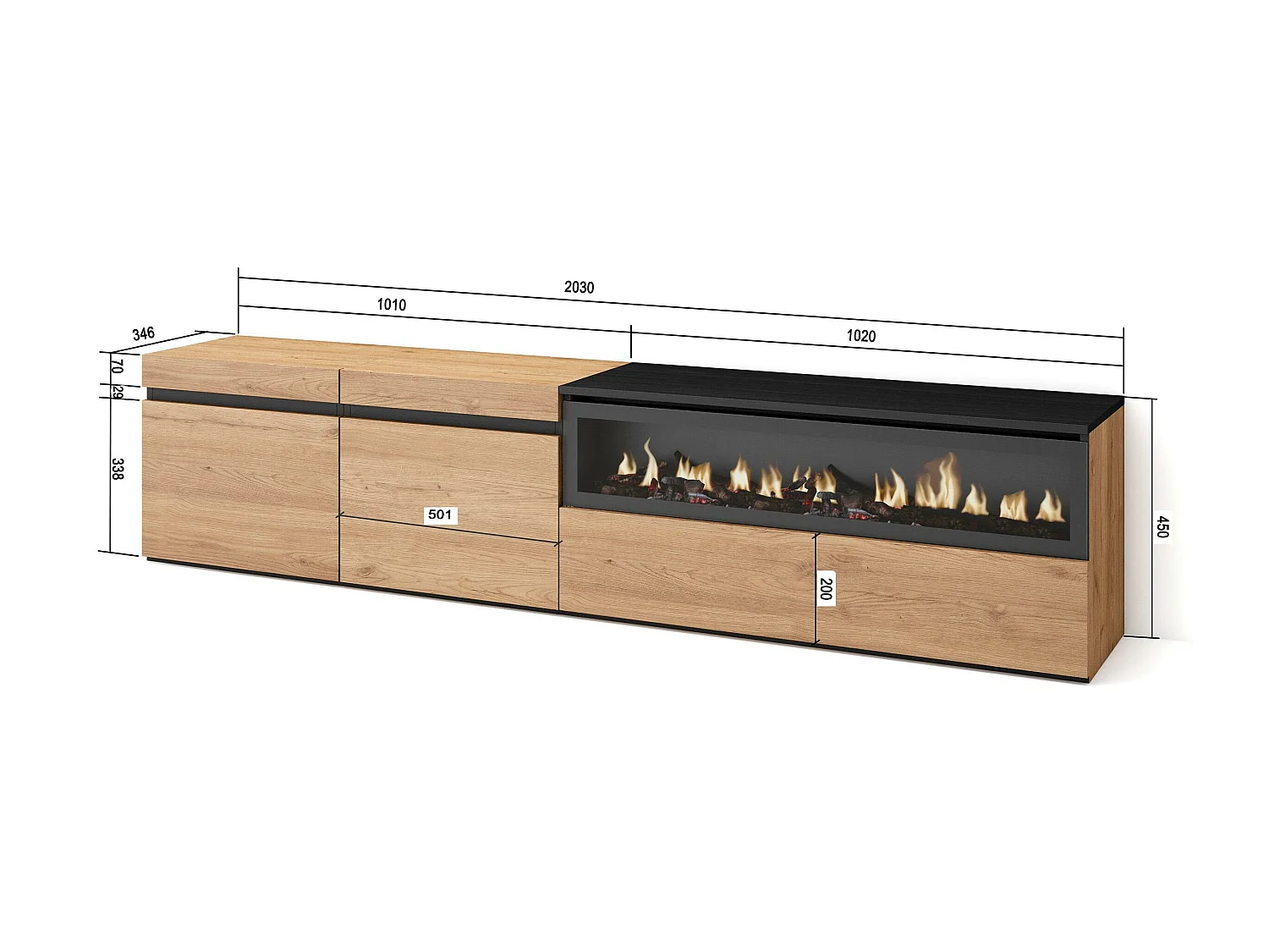 TV-Meubel, Lowboard, 200x35x45cm, Voor tv's tot 80", Elektrische haard, Eiken/Zwart