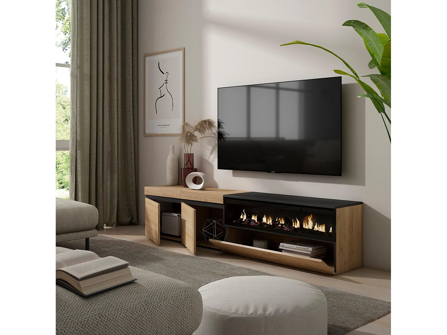 Meuble TV, Banc Télé, 200x35x45cm, Pour les TV jusqu'à 80", Cheminée électrique, Chêne et noir