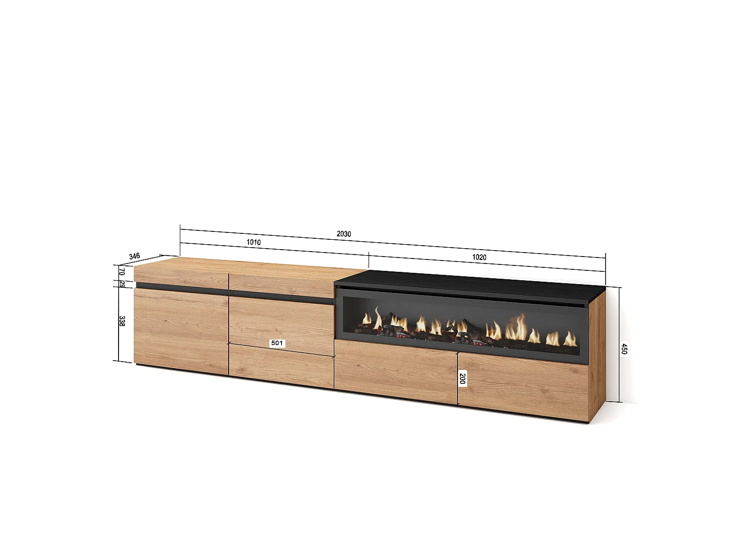 Meuble TV, Banc Télé, 200x35x45cm, Pour les TV jusqu'à 80", Cheminée électrique, Chêne et noir