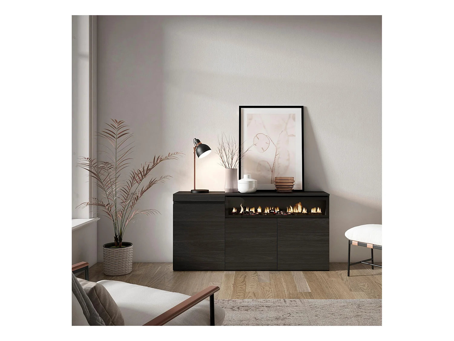 Aparadores para salón, 150x35x75cm, 3 Puertas, Chimenea eléctrica, Negro