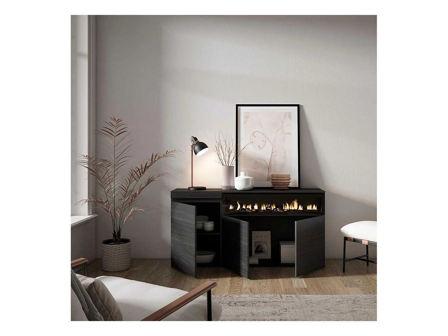 Dressoir, Opbergkast, 150x35x75cm, 3 Deuren, Elektrische haard, Zwart