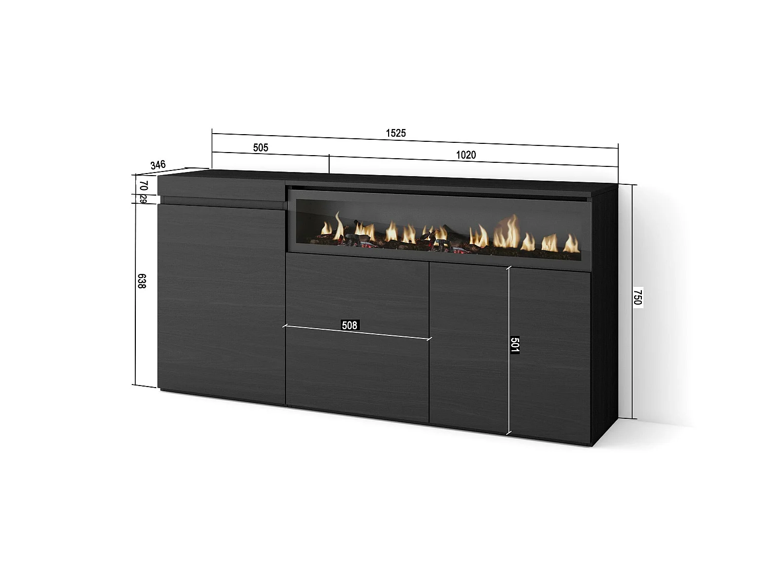 Dressoir, Opbergkast, 150x35x75cm, 3 Deuren, Elektrische haard, Zwart