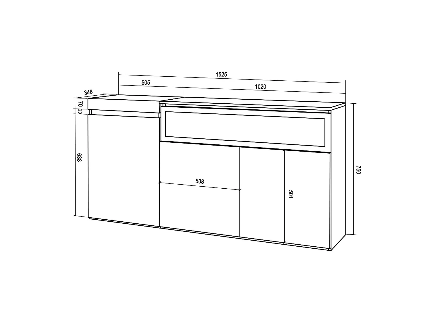 Dressoir, Opbergkast, 150x35x75cm, 3 Deuren, Elektrische haard, Zwart